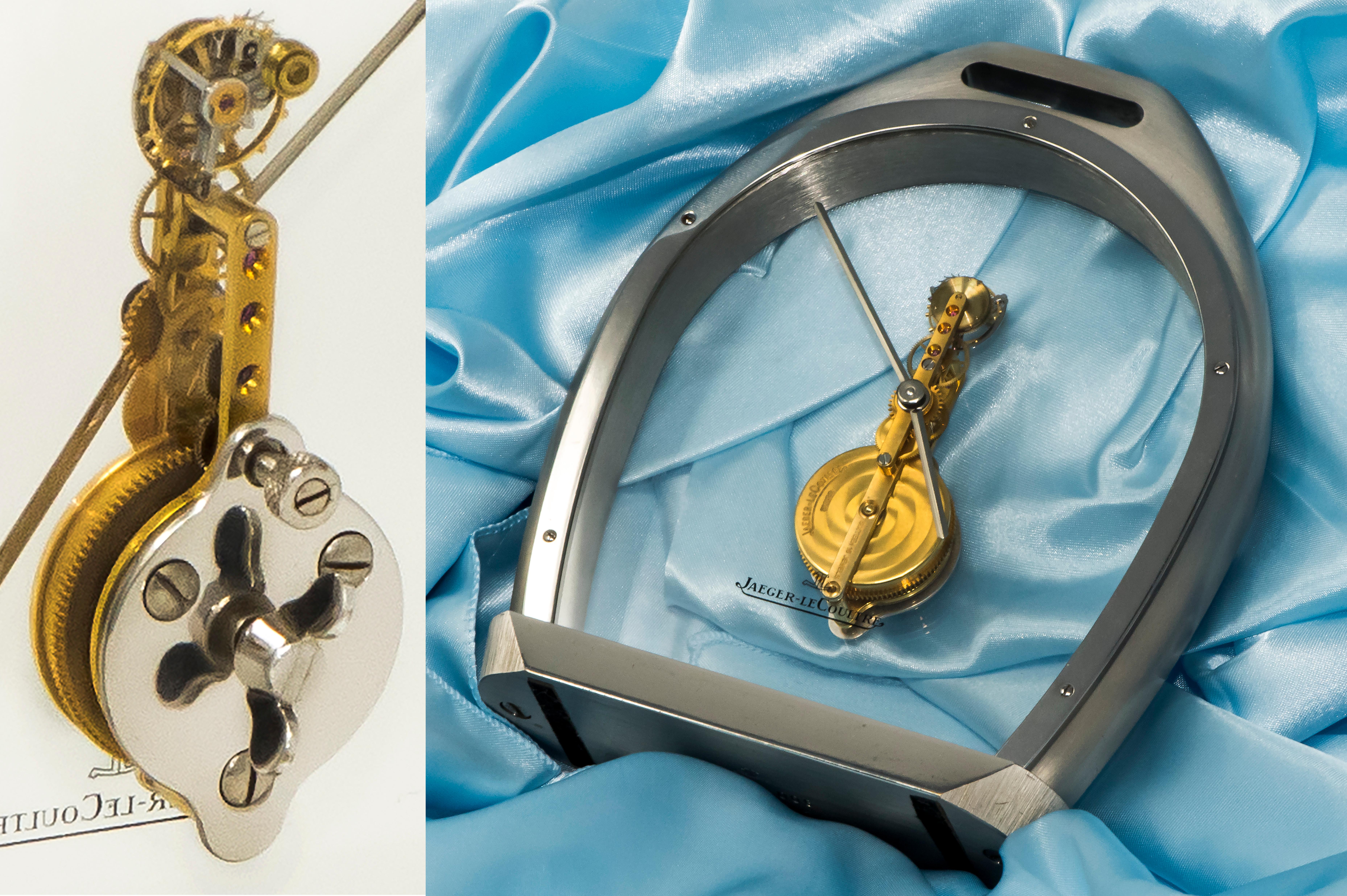 Rare 1970s Jaeger Le Coultre Tourbillion Ruby Gold Stainless Steel Stirrup Clock For Sale 1