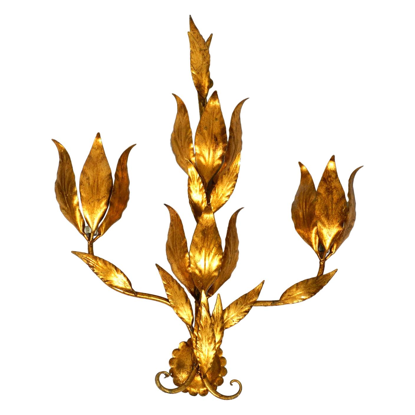 Rare 1970s Large Gilded Florentine Wall Lamp For Sale