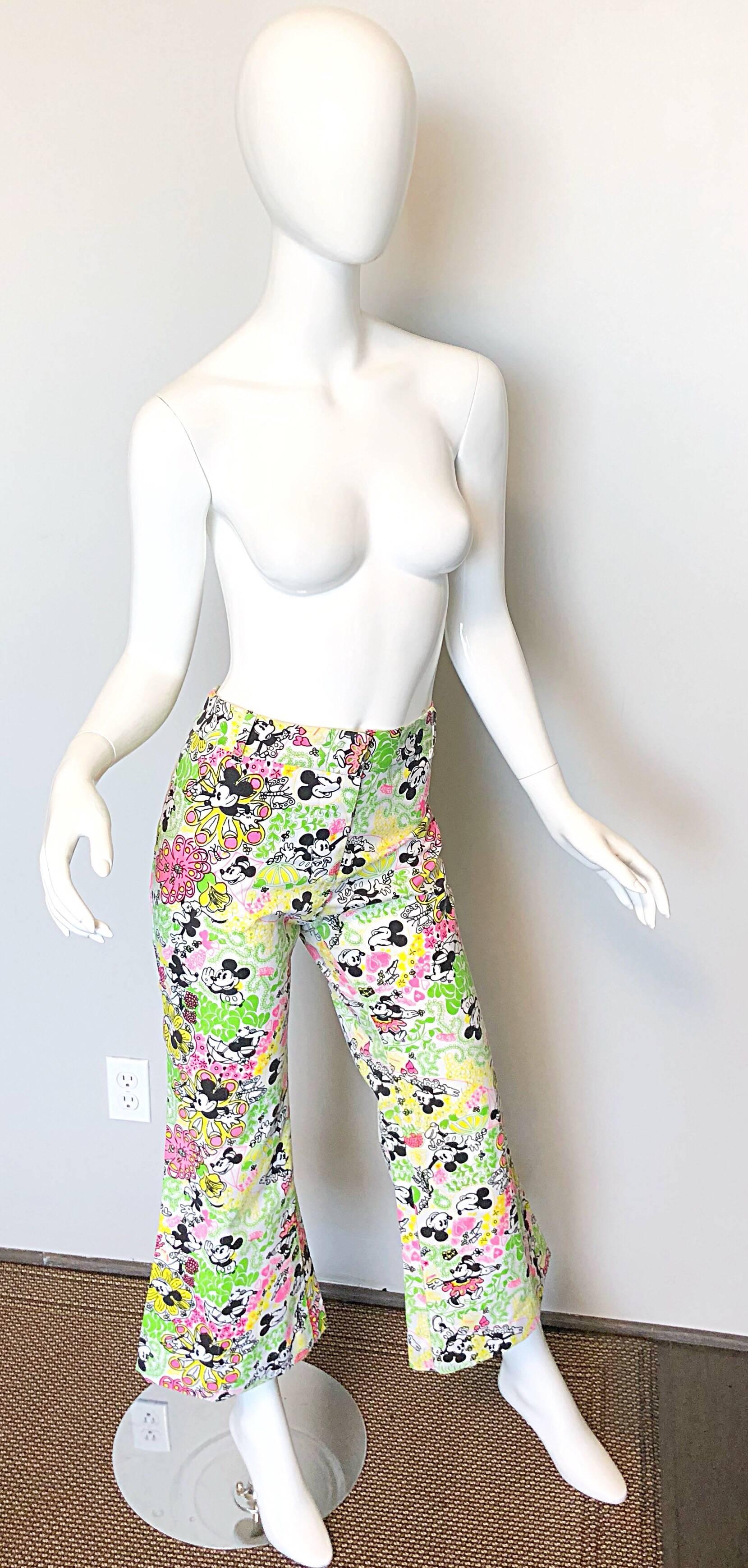 Beige Rare 1970s Lilly Pulitzer ' The Lilly ' Mickey Mouse Disney Vintage Bell Bottoms