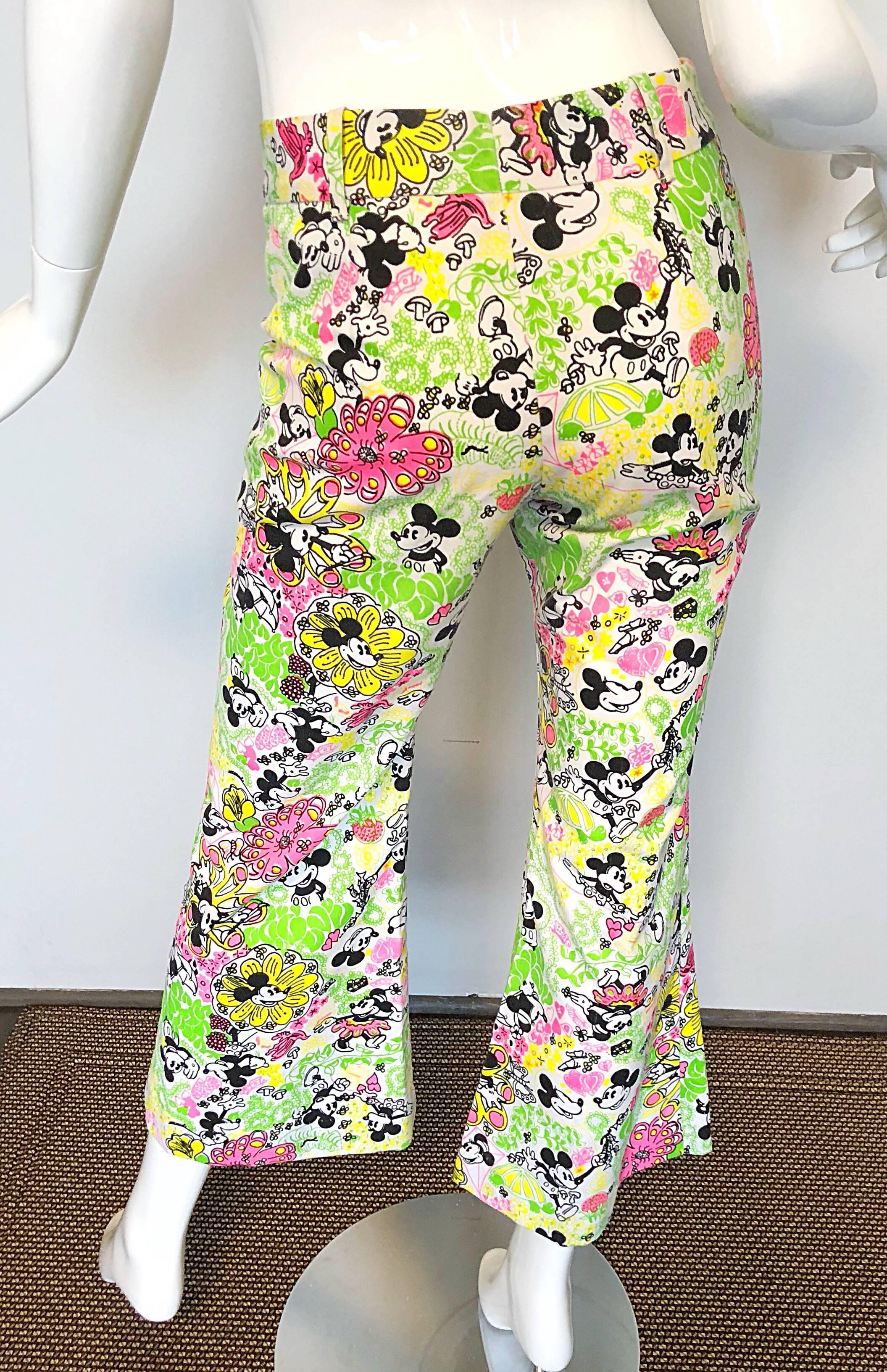 Rare 1970s Lilly Pulitzer ' The Lilly ' Mickey Mouse Disney Vintage Bell Bottoms In Excellent Condition In San Diego, CA