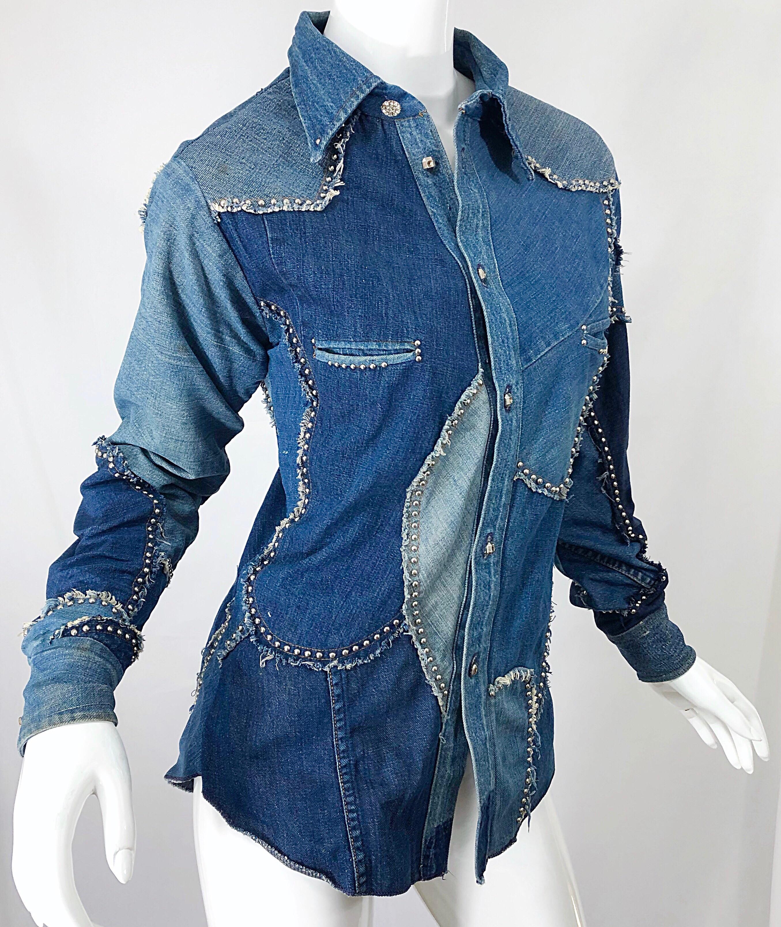 Rare 1970s Love, Melody Sabatasso Unisex Denim Blue Jean Patchwork 70s Shirt For Sale 4