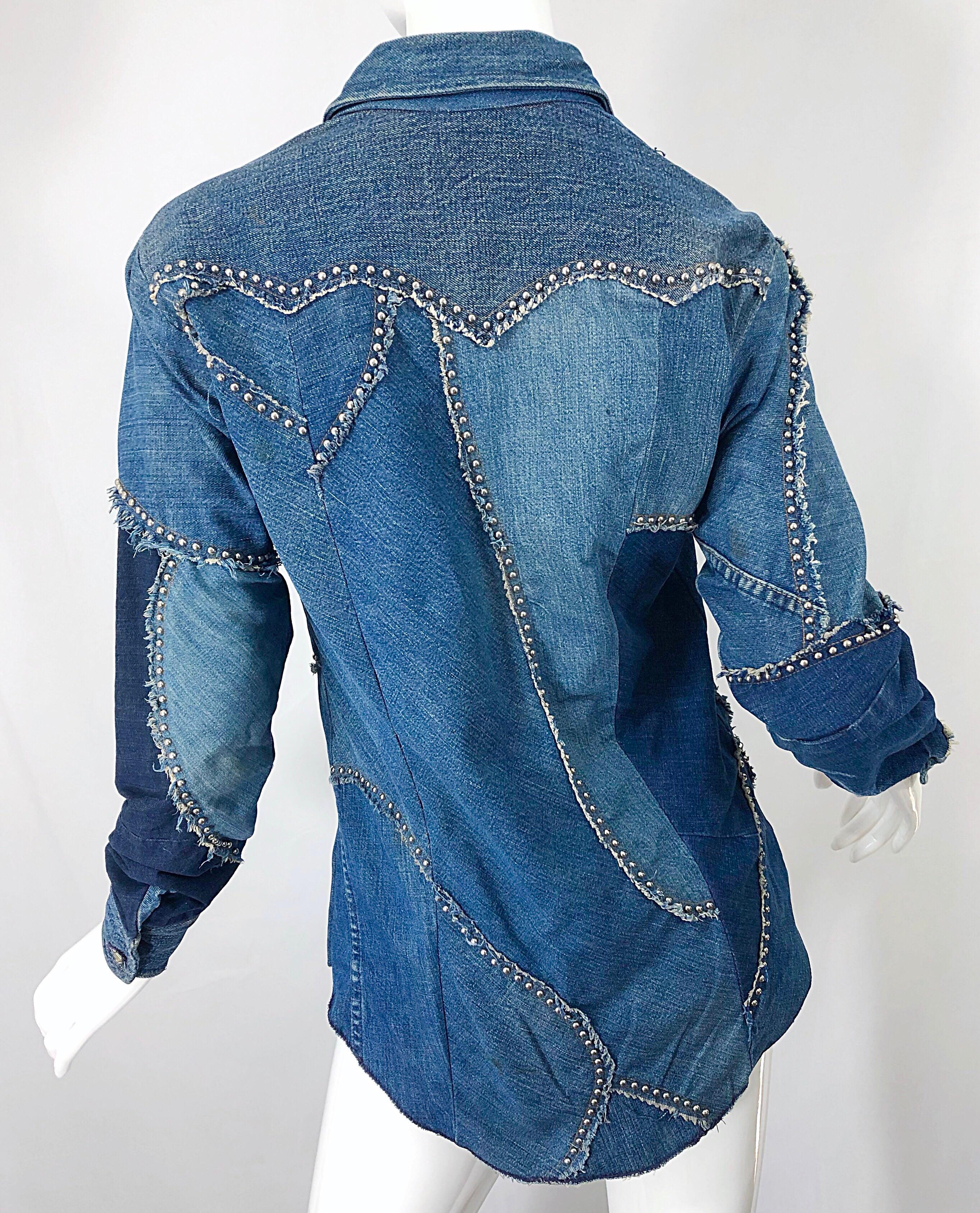 Rare 1970s Love, Melody Sabatasso Unisex Denim Blue Jean Patchwork 70s Shirt For Sale 5