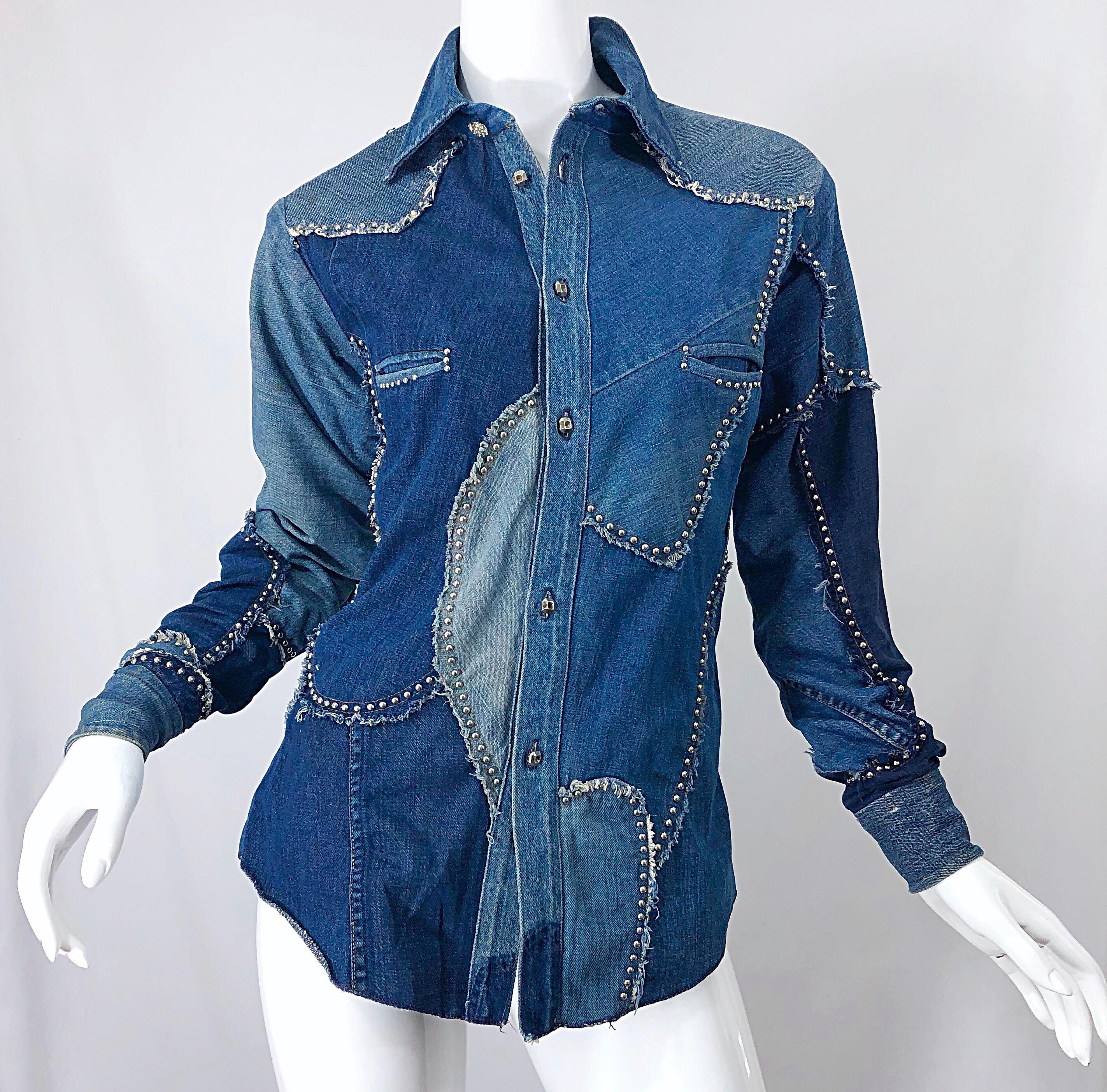 Seltenes 1970er Love, Melody Sabatasso Unisex-Denim-Jeans-Patchwork-Shirt aus den 70ern im Angebot 8