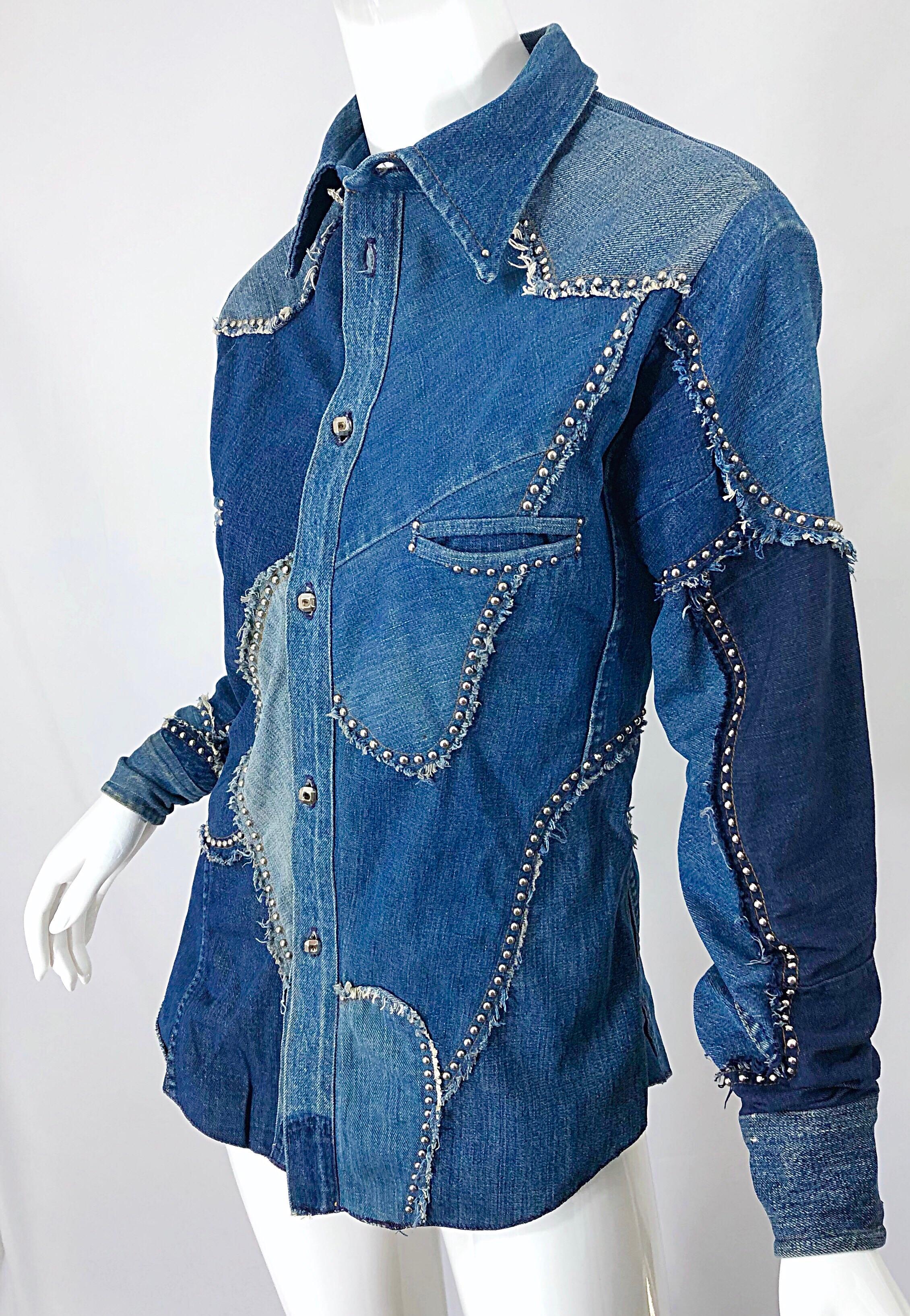 Rare 1970s Love, Melody Sabatasso Unisex Denim Blue Jean Patchwork 70s Shirt For Sale 7