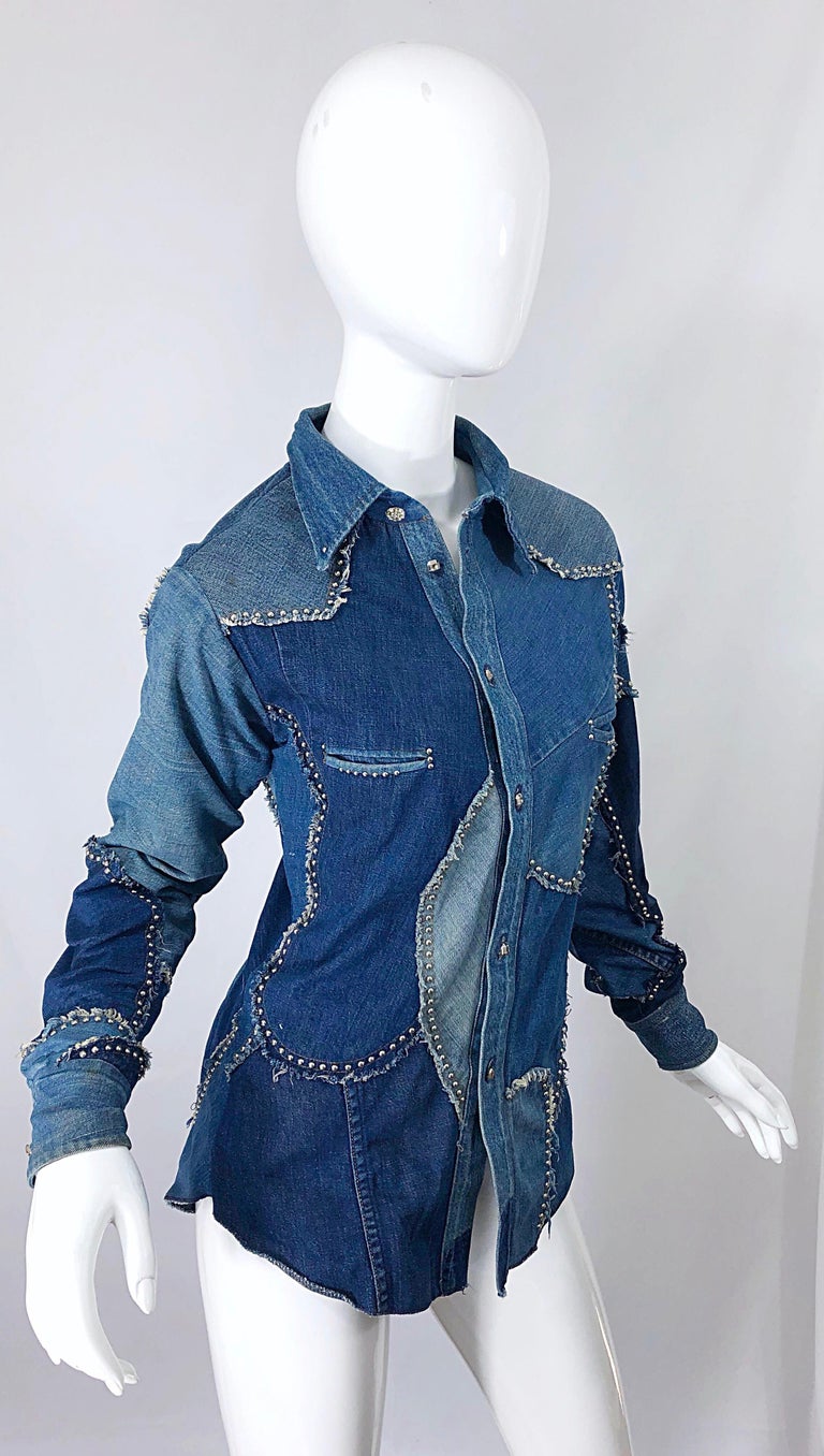 Rare 1970s Love, Melody Sabatasso Unisex Denim Blue Jean Patchwork 70s Shirt For Sale 14