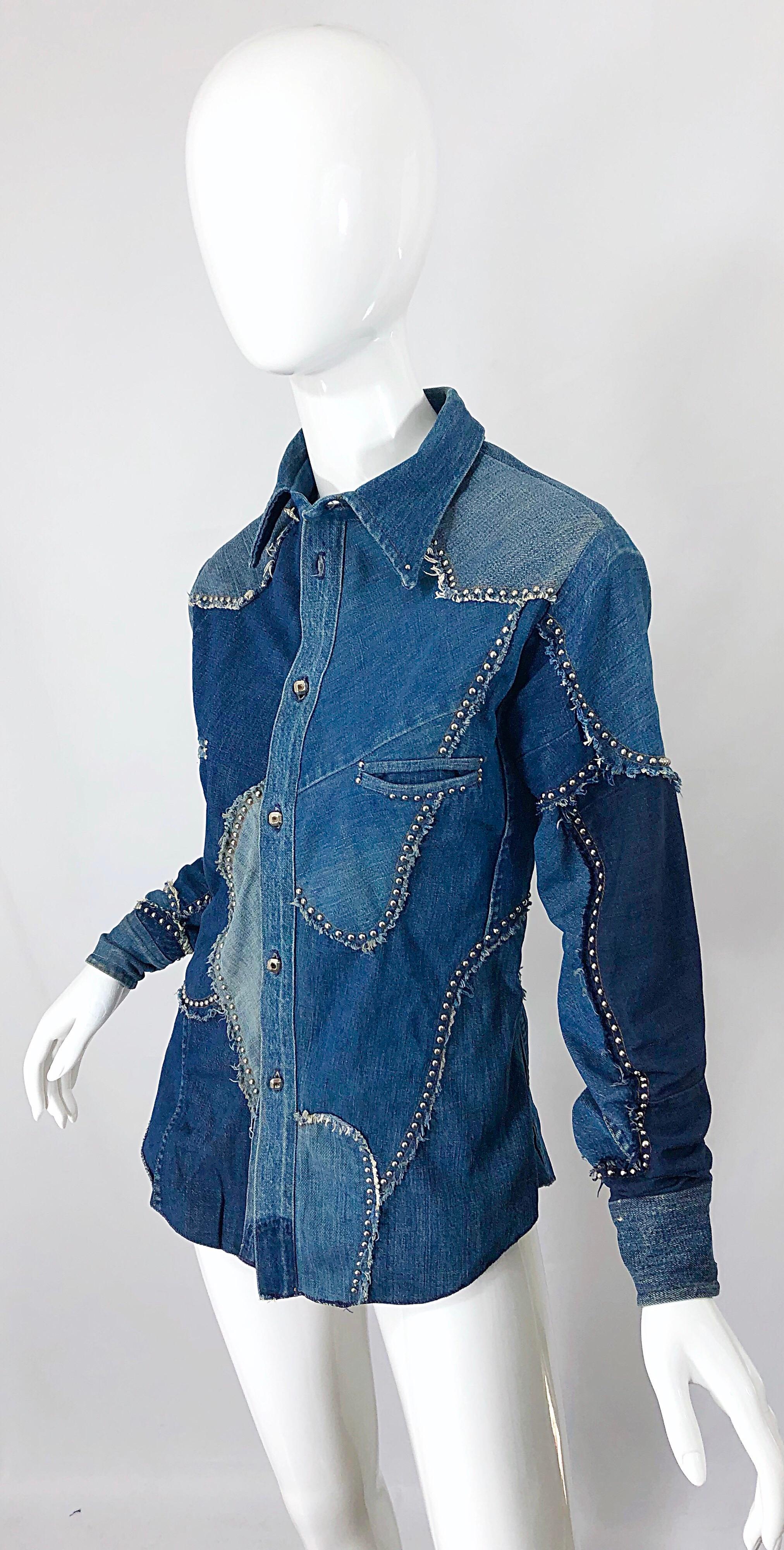 Rare 1970s Love, Melody Sabatasso Unisex Denim Blue Jean Patchwork 70s Shirt For Sale 12