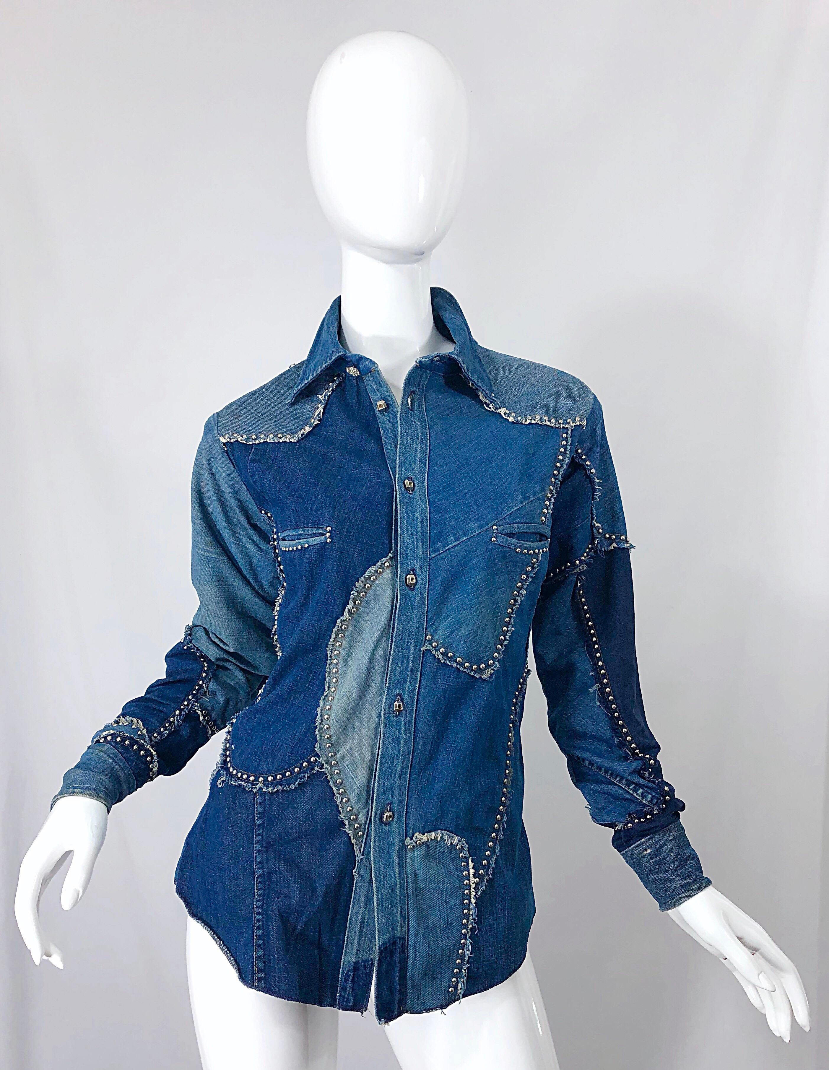 Rare 1970s Love, Melody Sabatasso Unisex Denim Blue Jean Patchwork 70s Shirt For Sale 13
