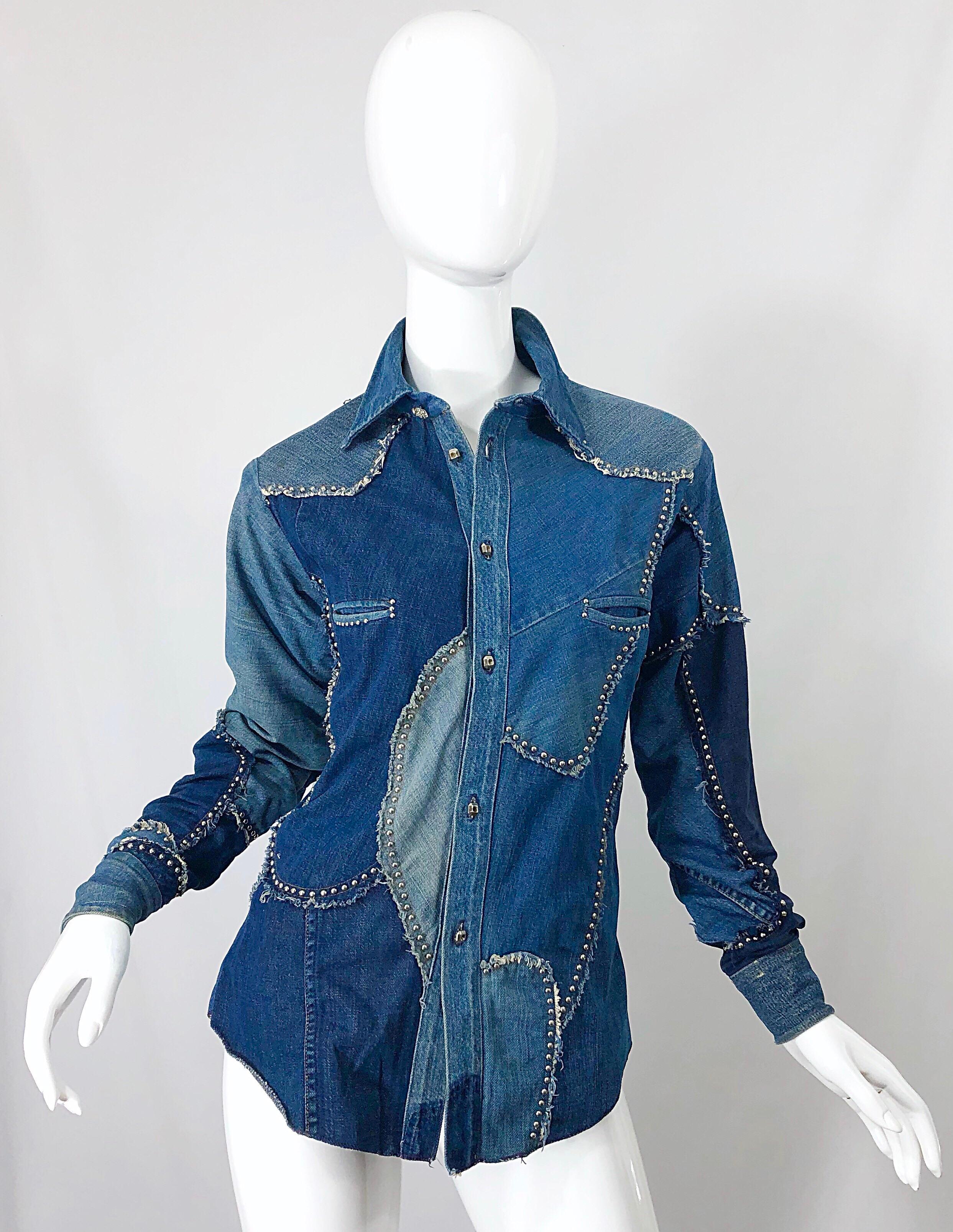 Amazing and rare musuem piece! 1970s LOVE, MELODY blue jean denim studded long sleeve patchwork shirt! Melody Sabatasso was the brains behind the brand. She used old Levi's jeans as the fabric for her designs. She created the famous denim bikini in