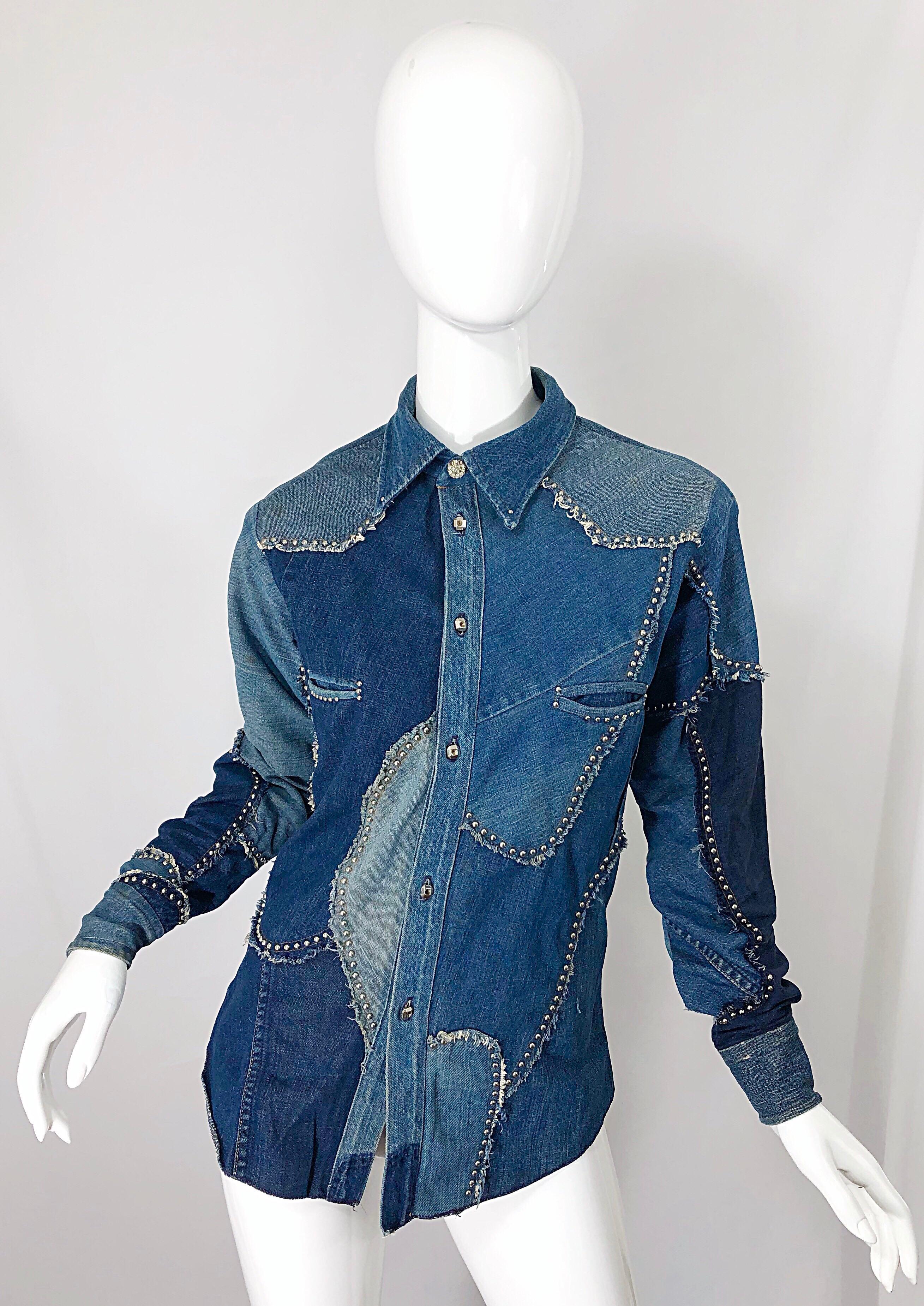 Seltenes 1970er Love, Melody Sabatasso Unisex-Denim-Jeans-Patchwork-Shirt aus den 70ern im Zustand „Hervorragend“ im Angebot in San Diego, CA