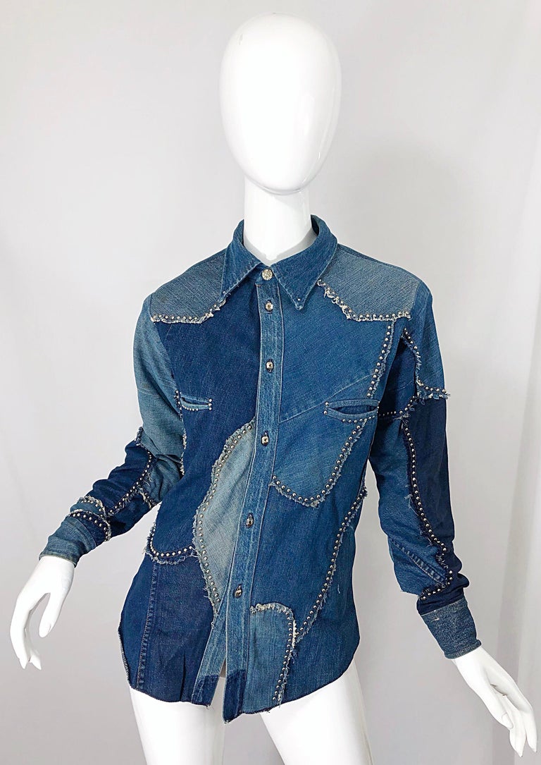 Rare 1970s Love, Melody Sabatasso Unisex Denim Blue Jean Patchwork 70s Shirt For Sale 1