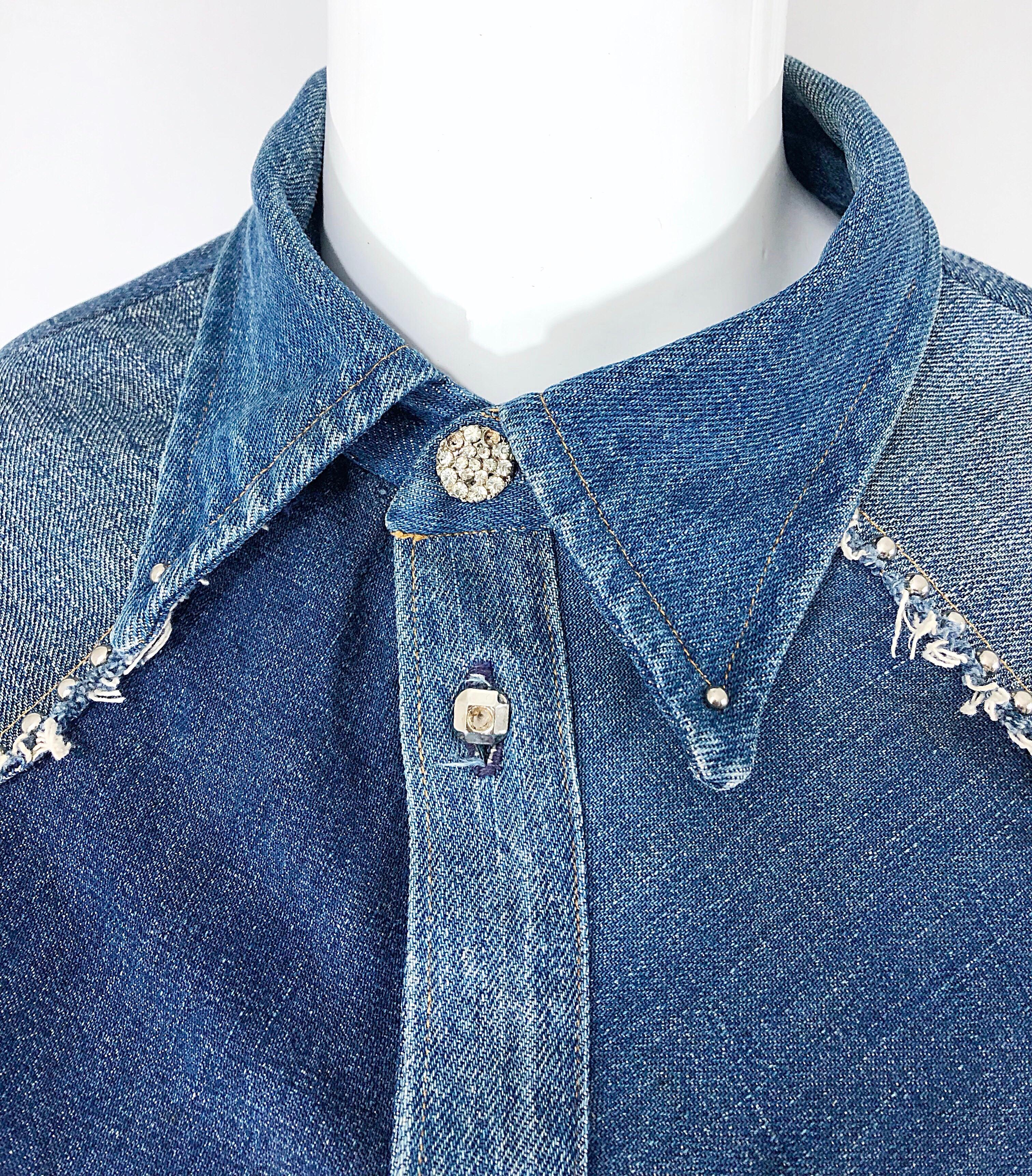 Seltenes 1970er Love, Melody Sabatasso Unisex-Denim-Jeans-Patchwork-Shirt aus den 70ern im Angebot 1