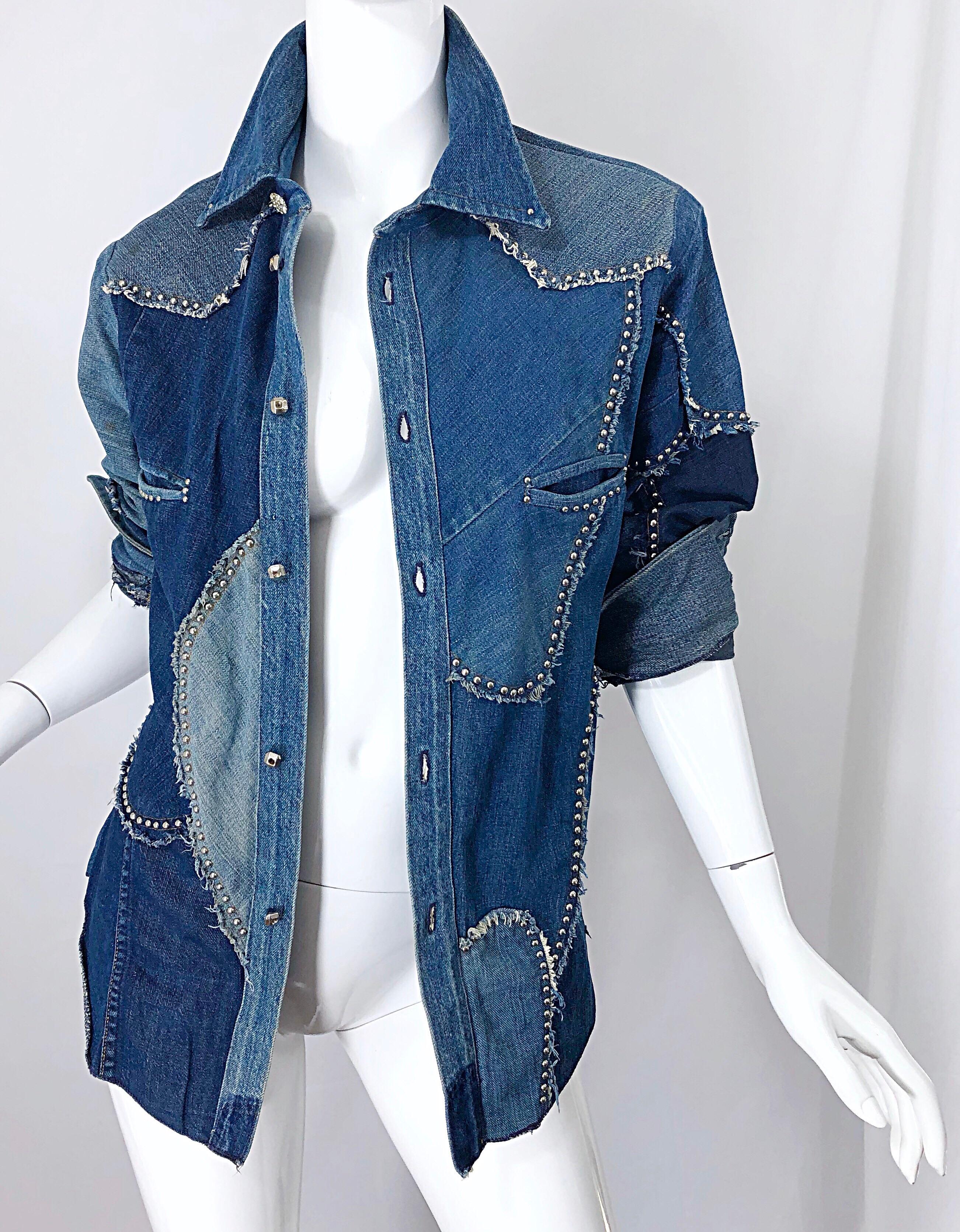 Rare 1970s Love, Melody Sabatasso Unisex Denim Blue Jean Patchwork 70s Shirt In Excellent Condition For Sale In San Diego, CA