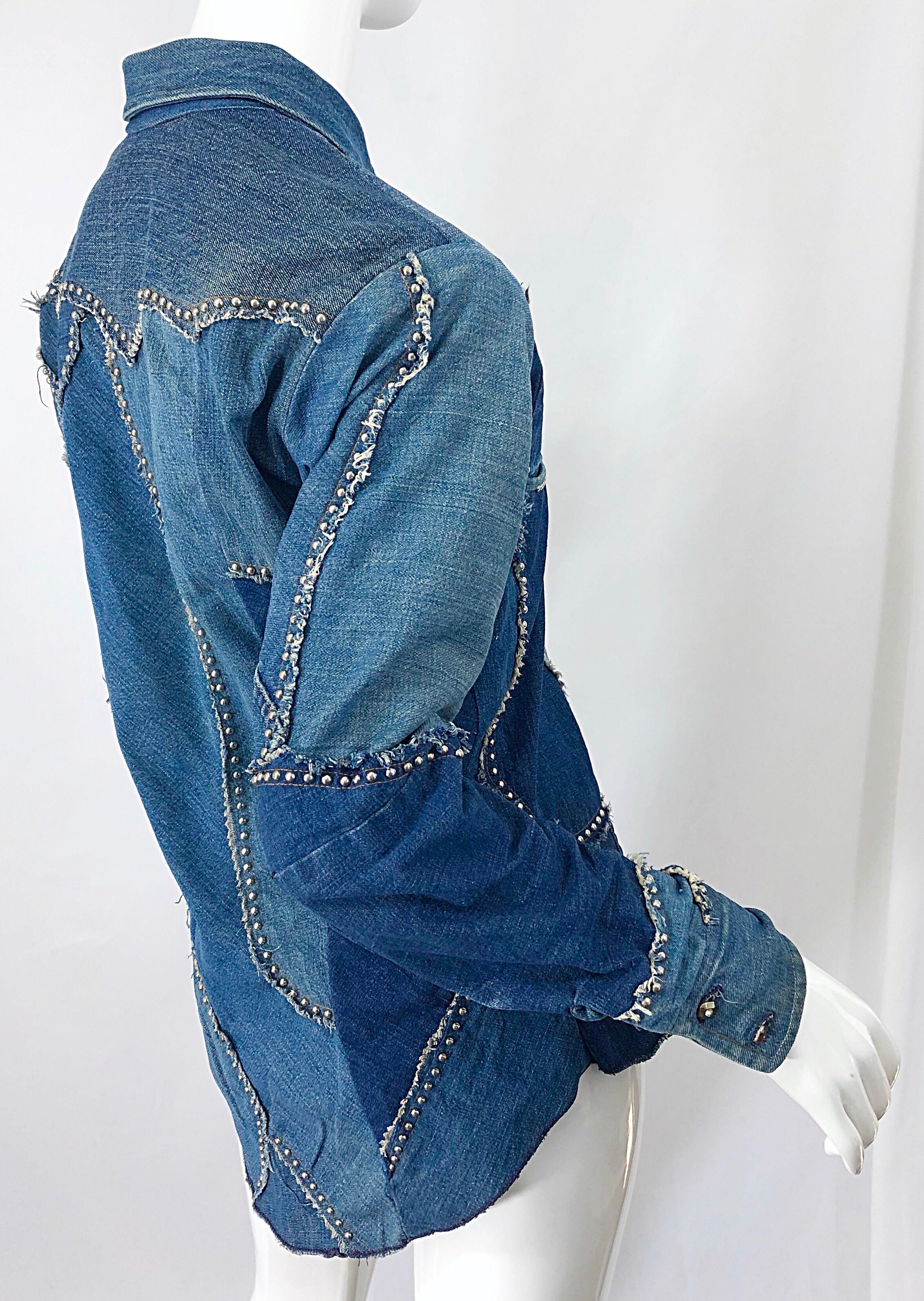 Rare 1970s Love, Melody Sabatasso Unisex Denim Blue Jean Patchwork 70s Shirt For Sale 1