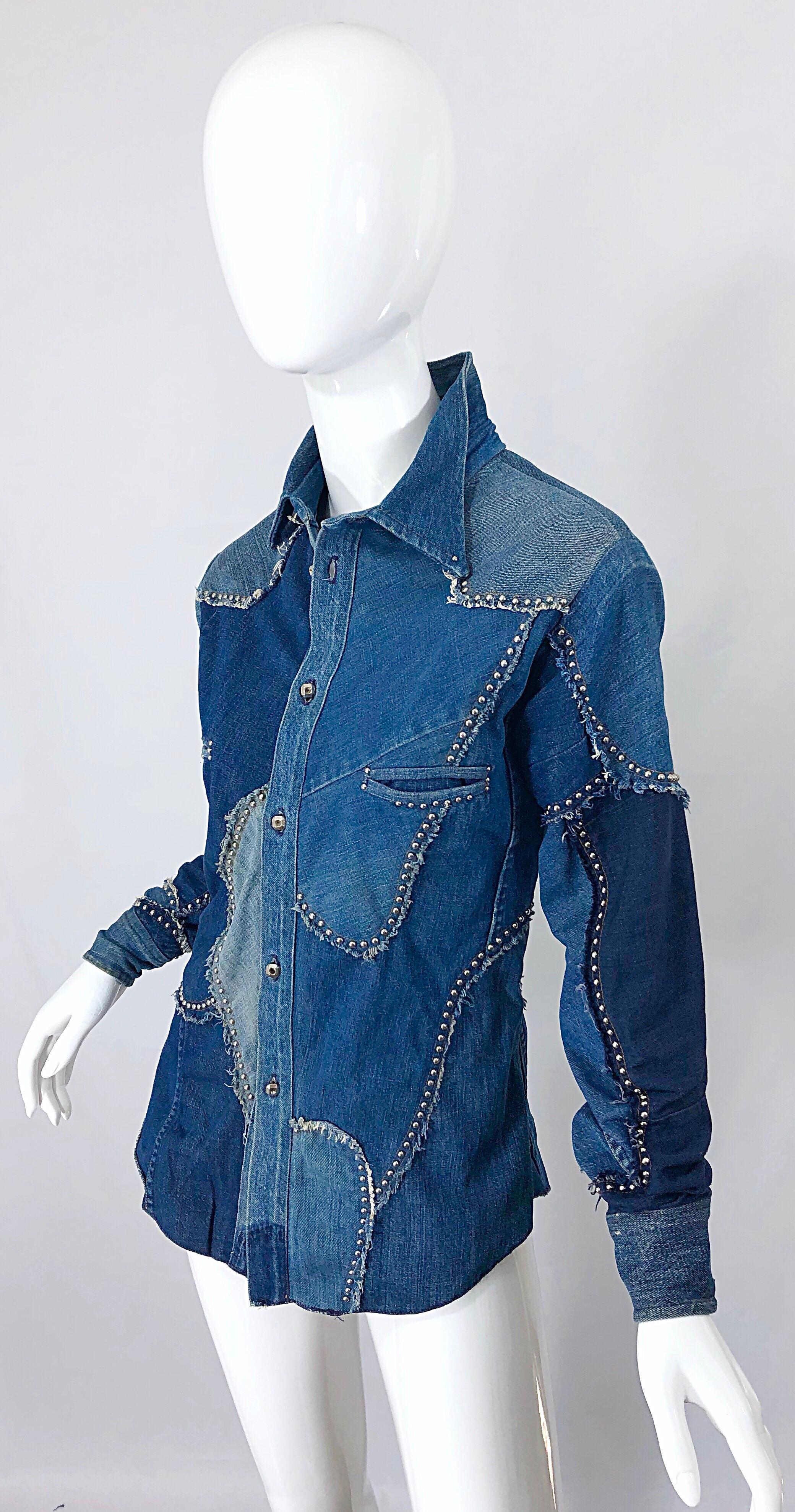 Rare 1970s Love, Melody Sabatasso Unisex Denim Blue Jean Patchwork 70s Shirt For Sale 3