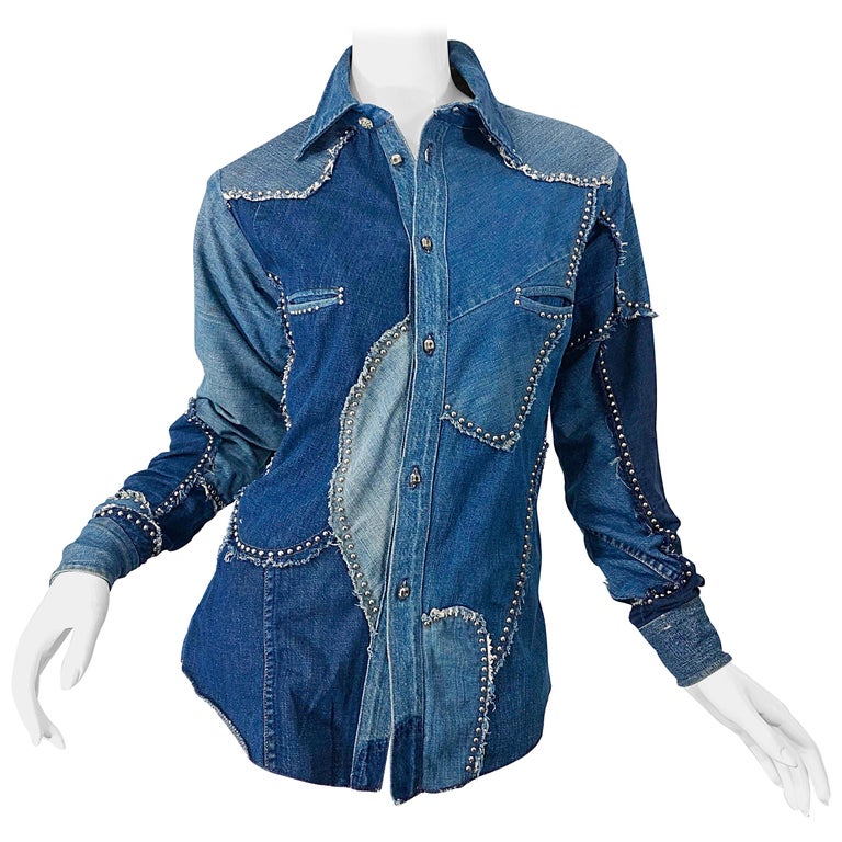 Rare 1970s Love, Melody Sabatasso Unisex Denim Blue Jean Patchwork 70s Shirt For Sale