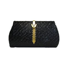 Vintage Rare 1970s Mario Valentino Black Glazed Wicker Clutch W/ Gold Logo Accent