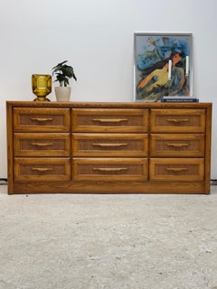 Rare 1970s Oak Dresser with Woven Rattan Fronts  Organic Modern Elegance