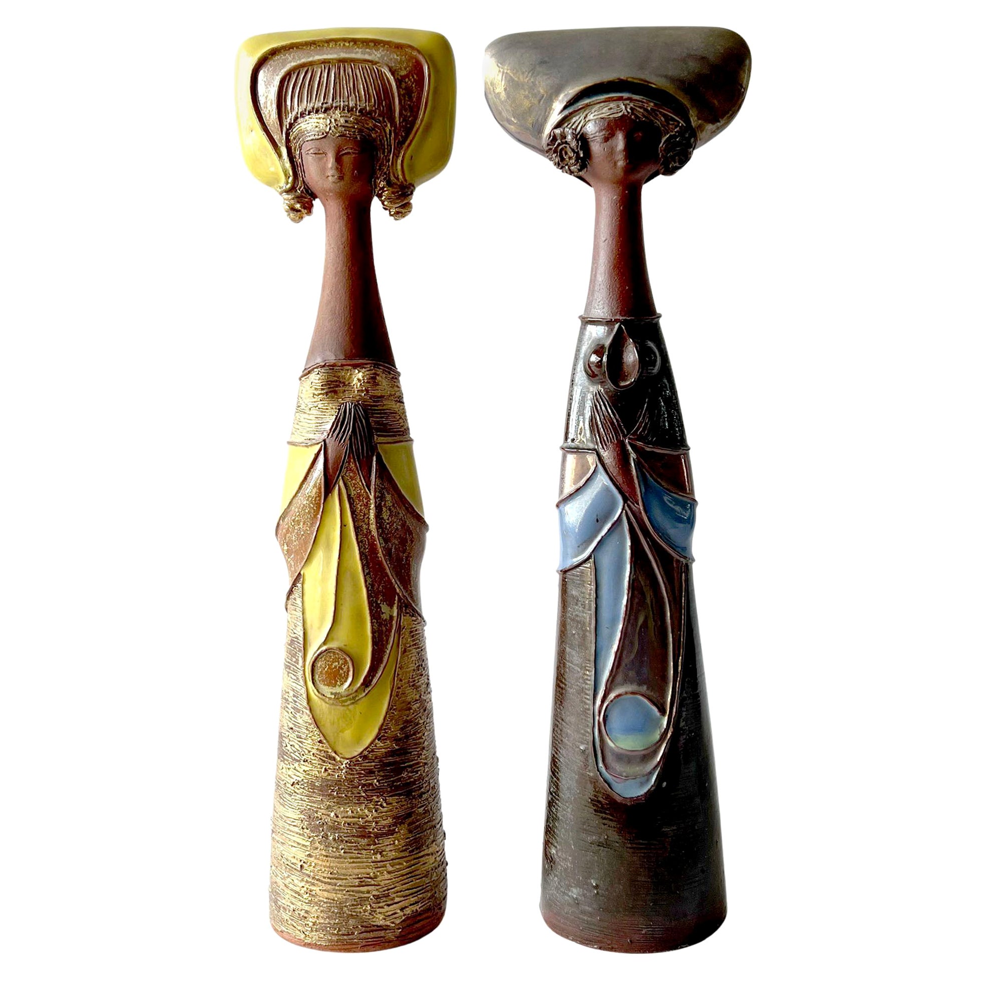 Rare 1970s Pawel Fietkiewicz Polish Modern Ceramic Sisters Figural Sculptures