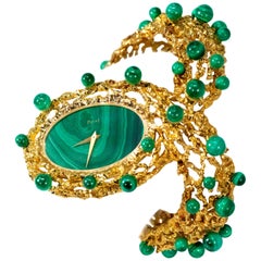 Rare 1970s Piaget Malachite Dial Open Work Textured "Manchette" Bangle Watch