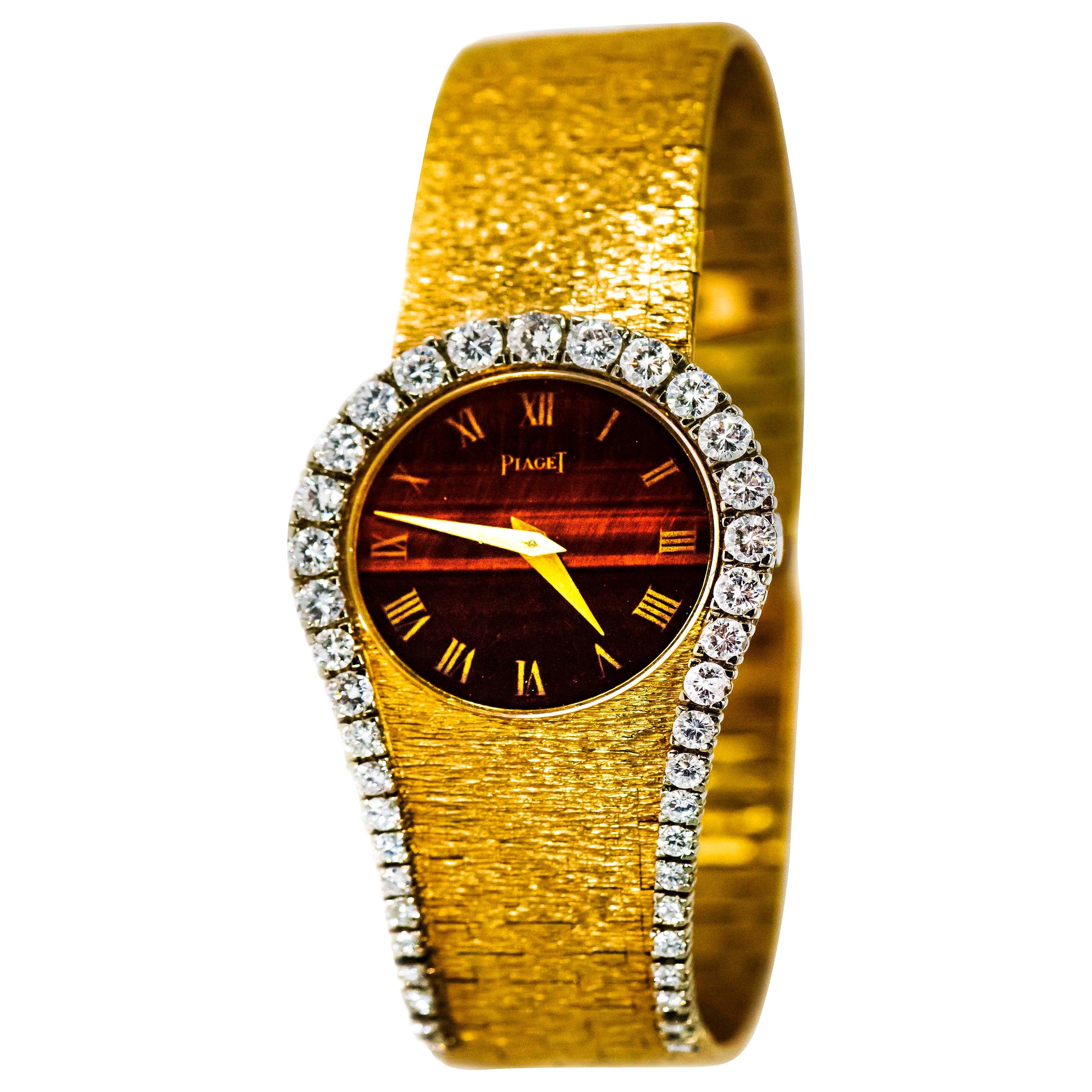 1970s Piaget Tiger Eye Diamond Set "Limelight" Yellow Gold Bracelet Watch