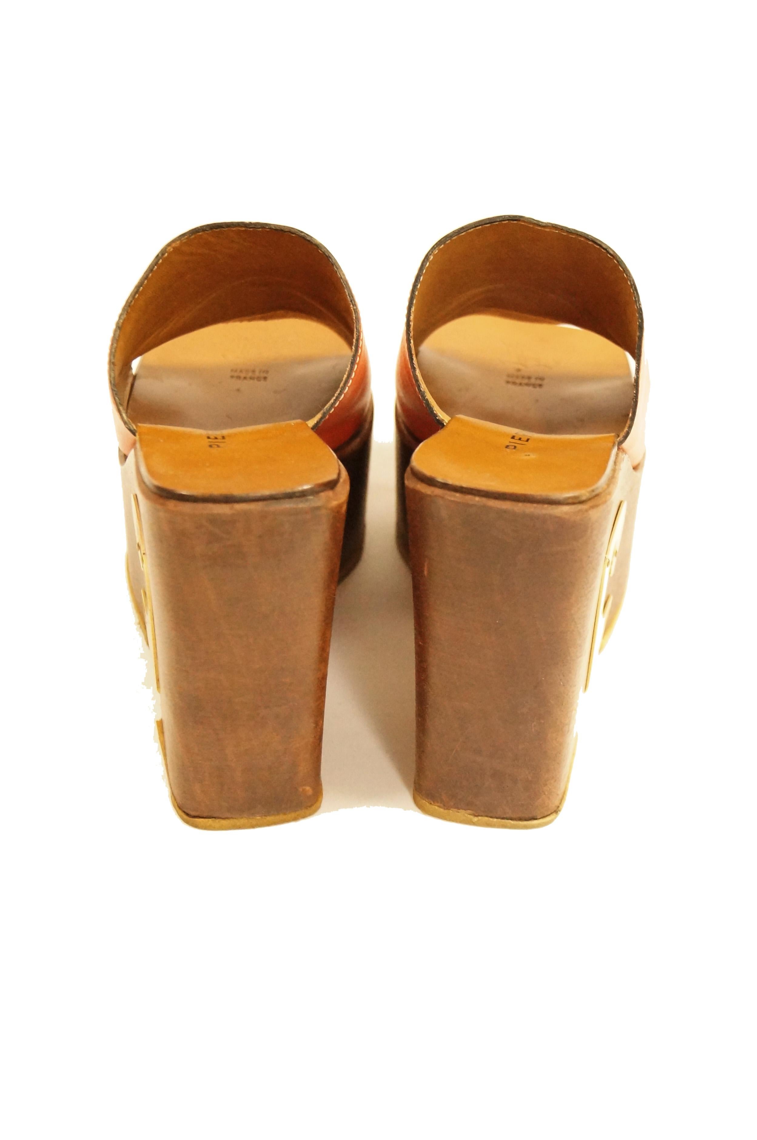 Rare 1970s Pierre Cardin Orange Leather and Wood Platform Mules, Iconic  In Excellent Condition In Houston, TX