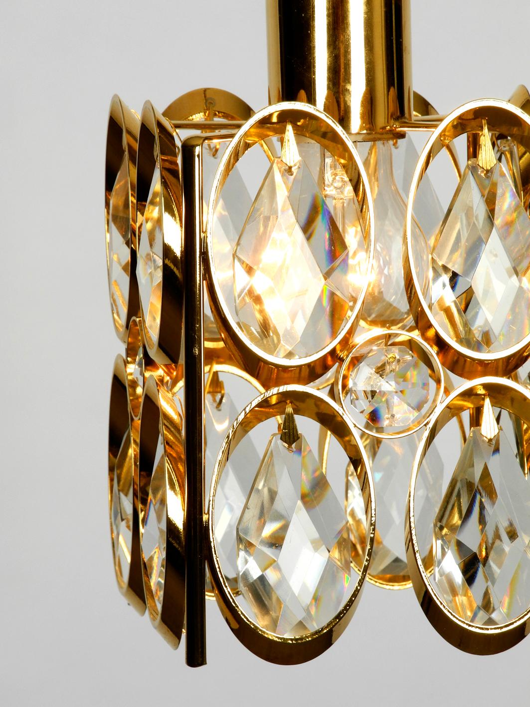 Rare 1970s Small Palwa Brass Hanging Lamp with Faceted Crystal Stones 1