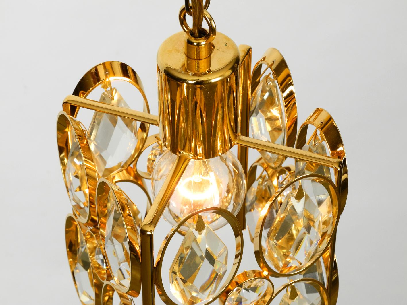 Rare 1970s Small Palwa Brass Hanging Lamp with Faceted Crystal Stones 2