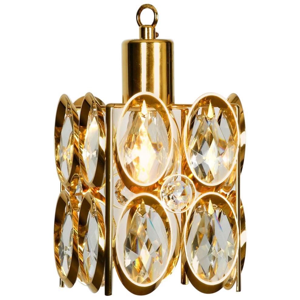Rare 1970s Small Palwa Brass Hanging Lamp with Faceted Crystal Stones