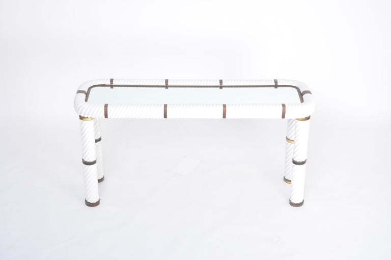 Hollywood Regency Rare 1970s Tommaso Barbi White Ceramic and Brass Console Table For Sale