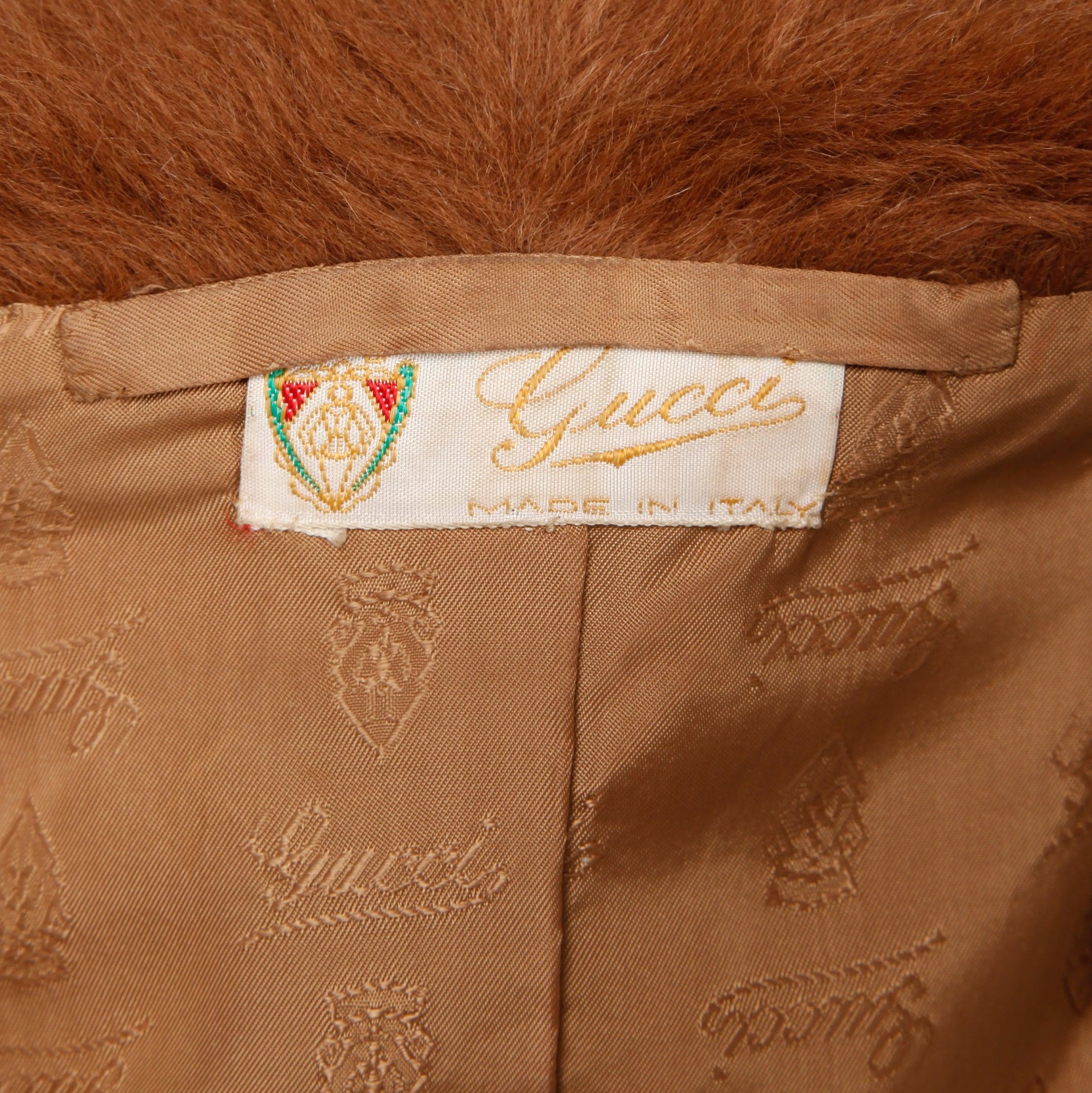 Very rare 1970s vintage Gucci jacket in leather and mohair! From the estate of Pamela Lewis (Jerry Lewis/ Gary Lewis). Fully lined with front zip closure and red/ green horse bit detail at the neck. The lining is a tan fabric and features an