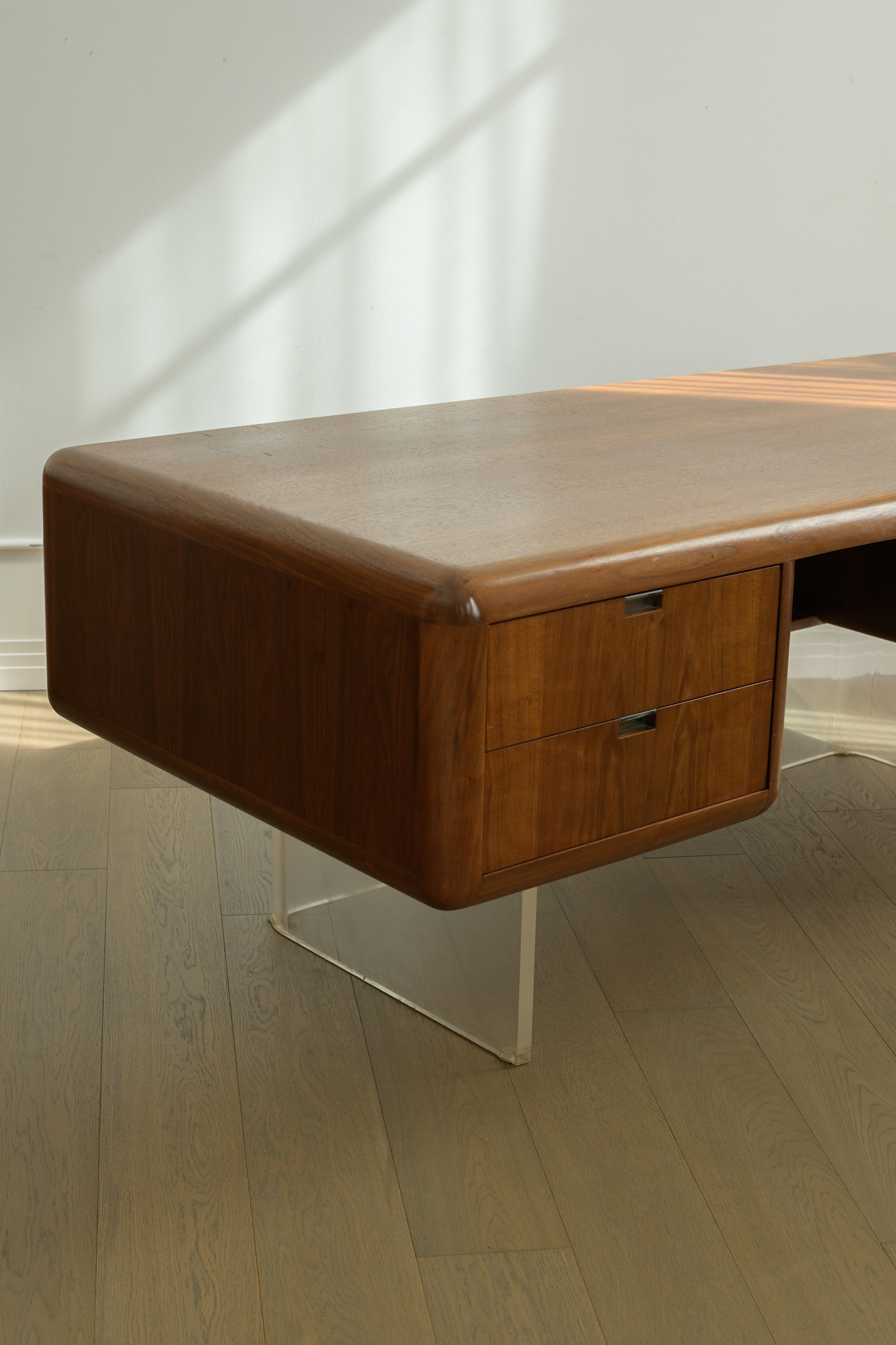 Steel Rare 1970s Vladimir Kagan Walnut & Lucite Executive Desk For Sale