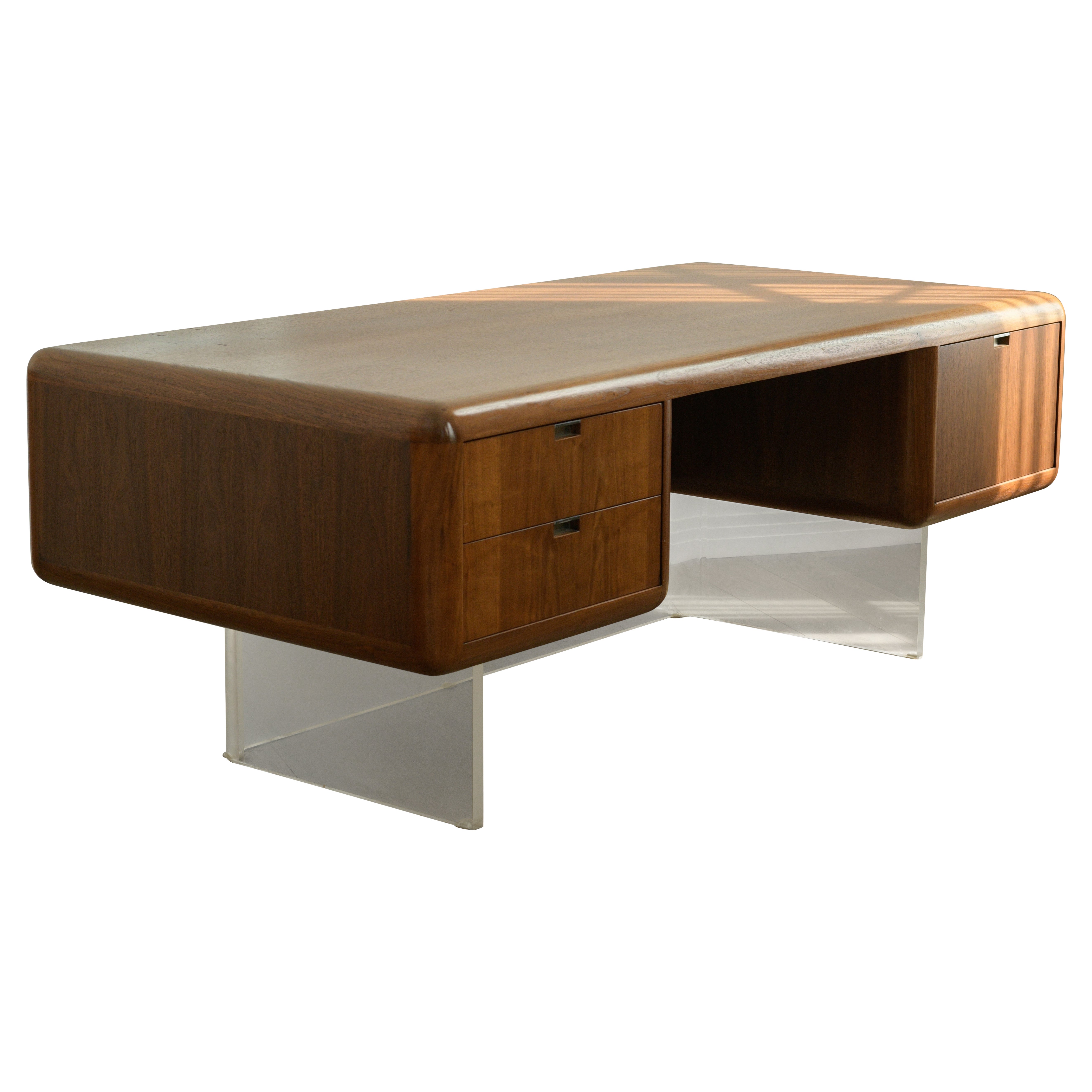 Rare 1970s Vladimir Kagan Walnut & Lucite Executive Desk For Sale