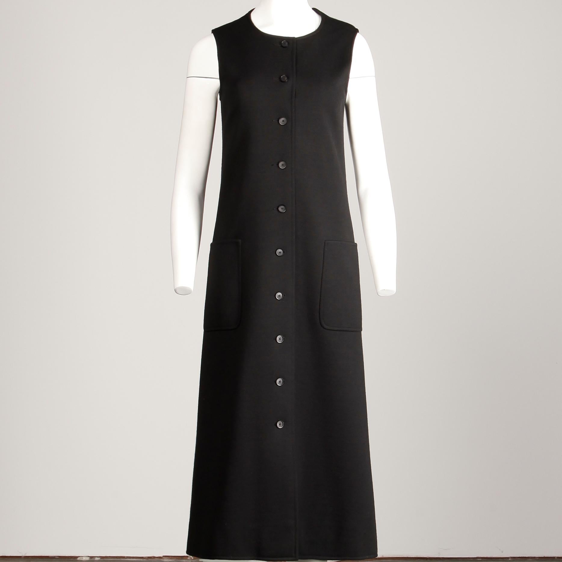 Rare 1970s Yves Saint Laurent YSL Vintage Long Black Wool Maxi Vest or Dress For Sale 3