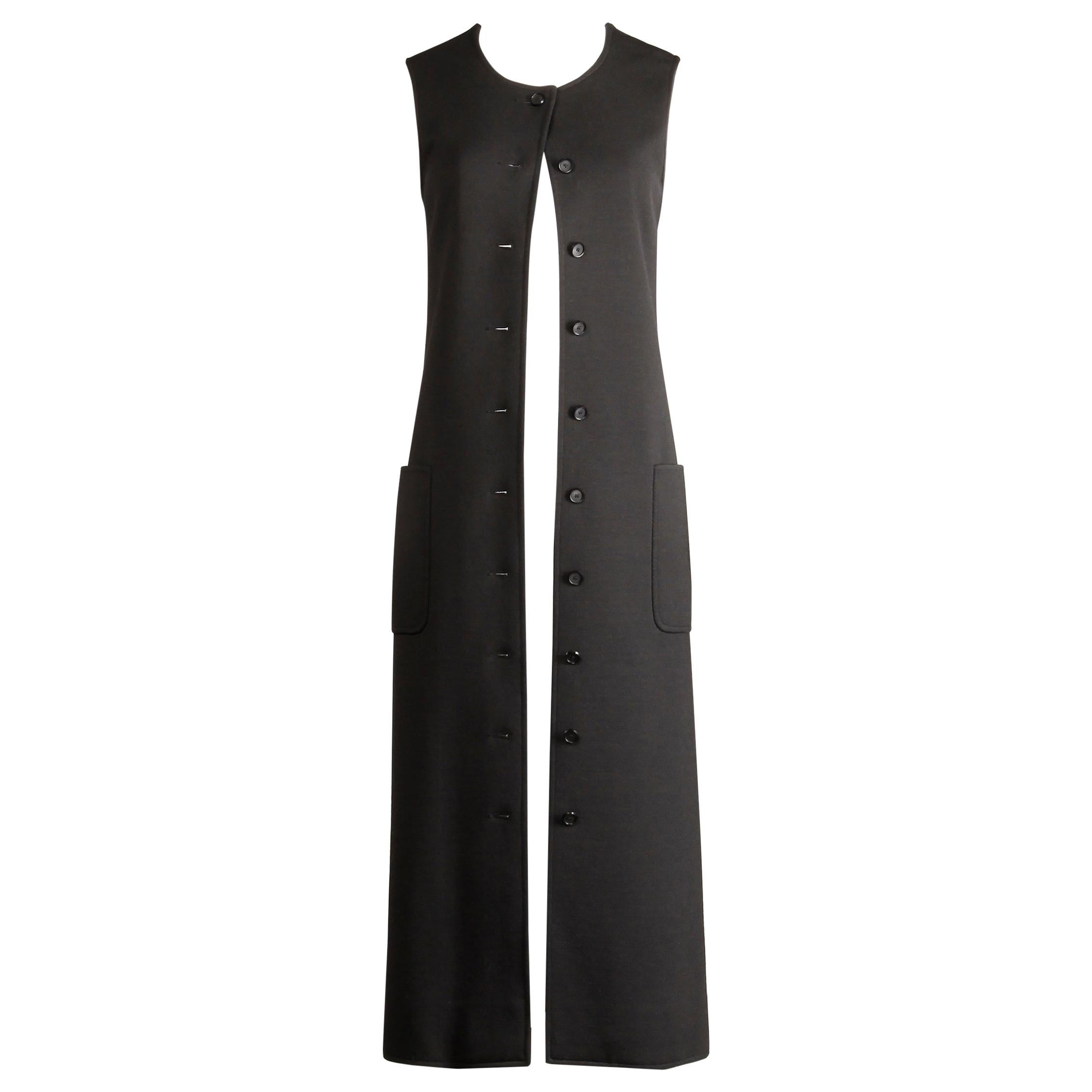 Rare 1970s Yves Saint Laurent YSL Vintage Long Black Wool Maxi Vest or Dress For Sale