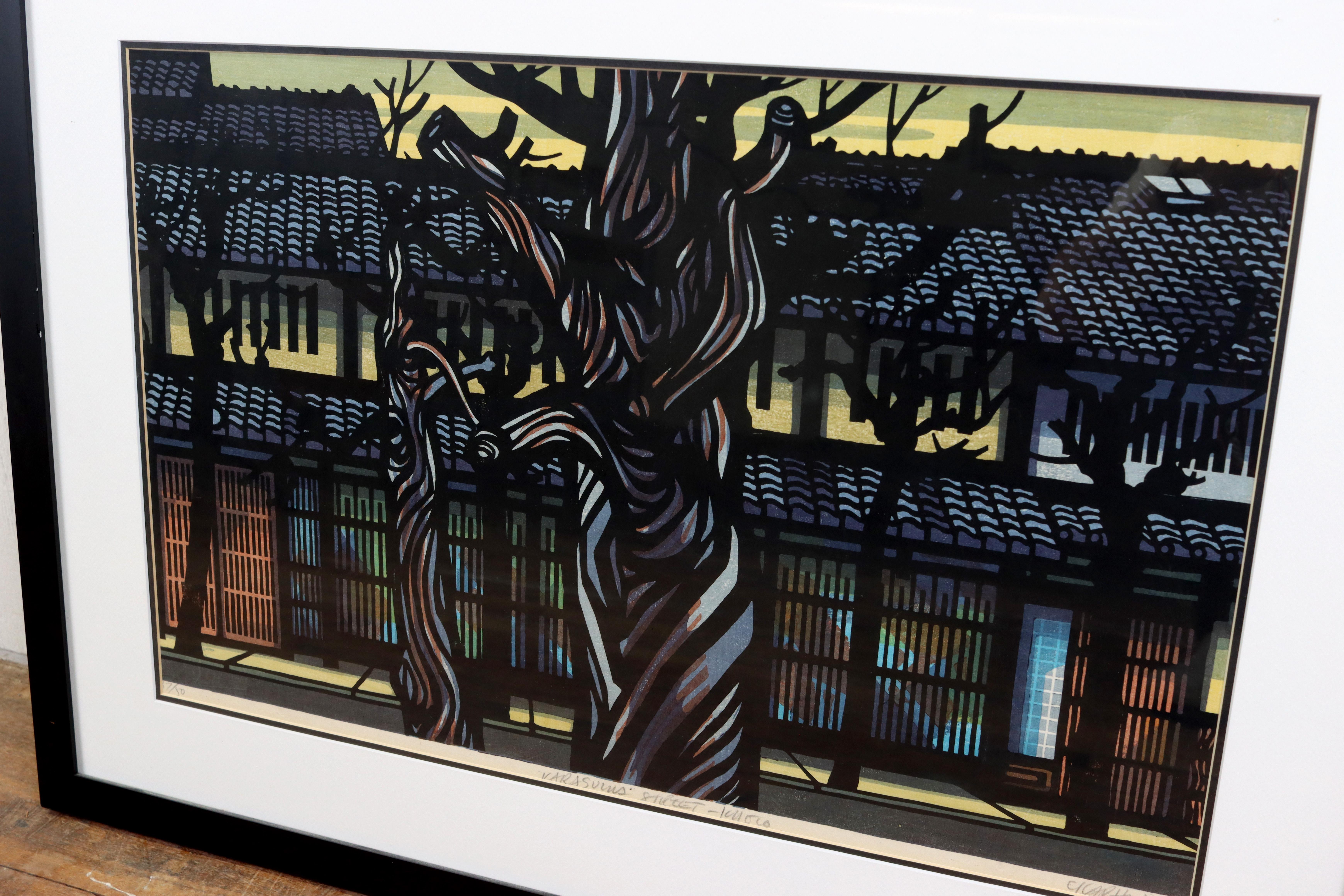 Seltener japanischer Clifton Karhu-Holzschnitt mit dem Titel „Karasuma Street, Kyoto“ aus dem Jahr 1971 (20. Jahrhundert) im Angebot