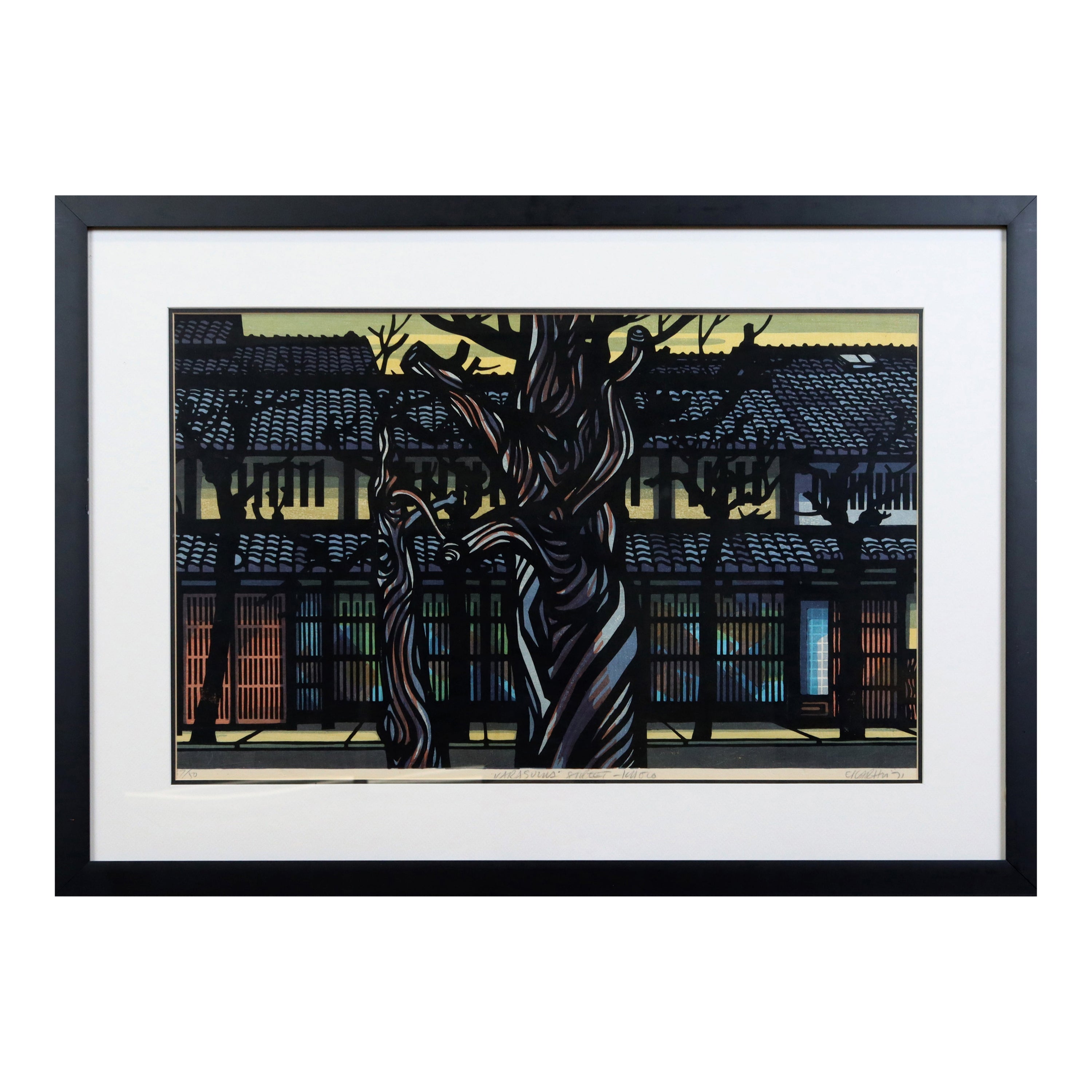 Rare 1971 Clifton Karhu Japanese Woodblock Print Titled "Karasuma Street, Kyoto" For Sale