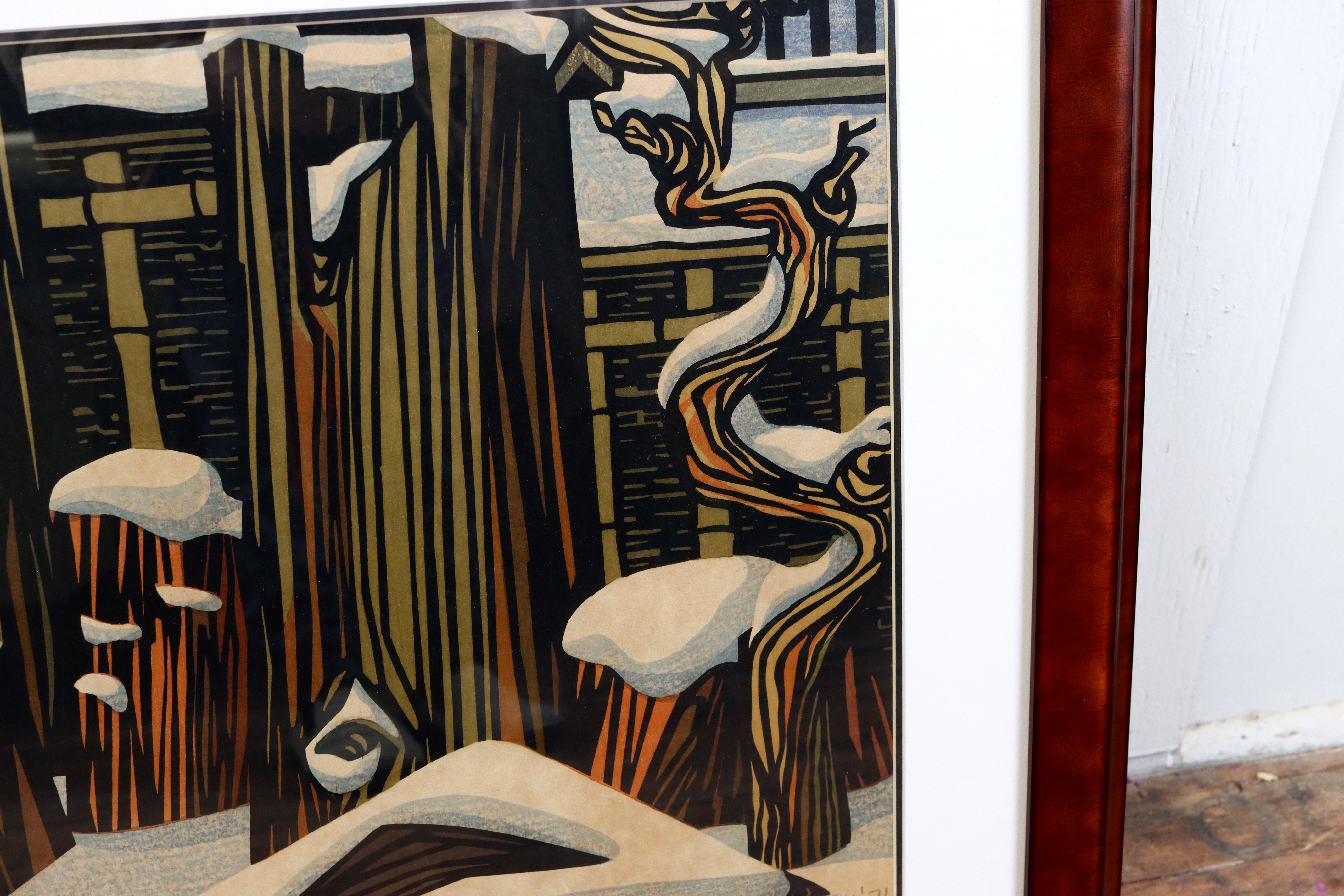 Seltener japanischer Clifton Karhu-Holzschnitt mit dem Titel „Winter Garden“ von 1971 (Glas) im Angebot