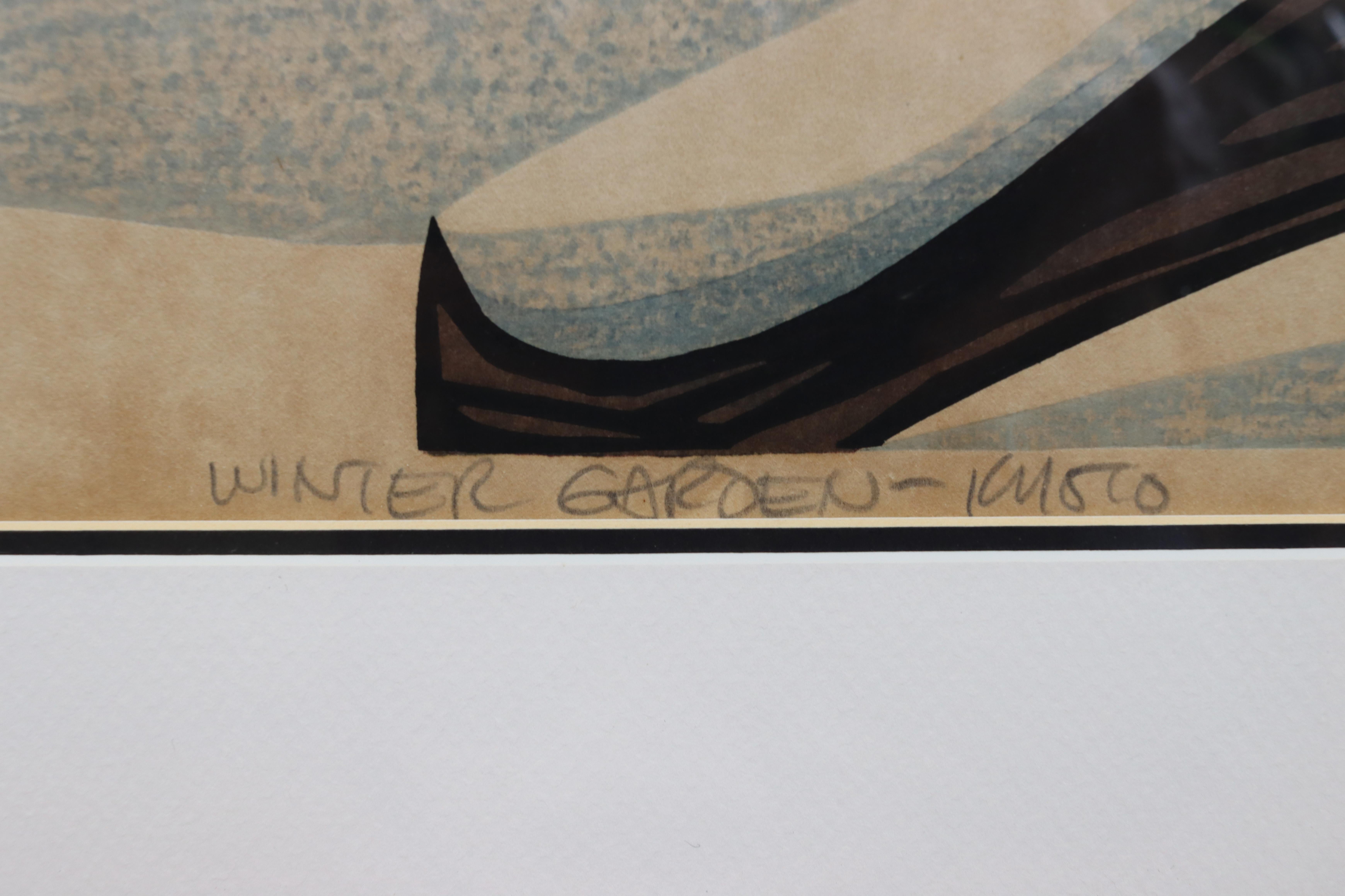 Seltener japanischer Clifton Karhu-Holzschnitt mit dem Titel „Winter Garden“ von 1971 im Angebot 2