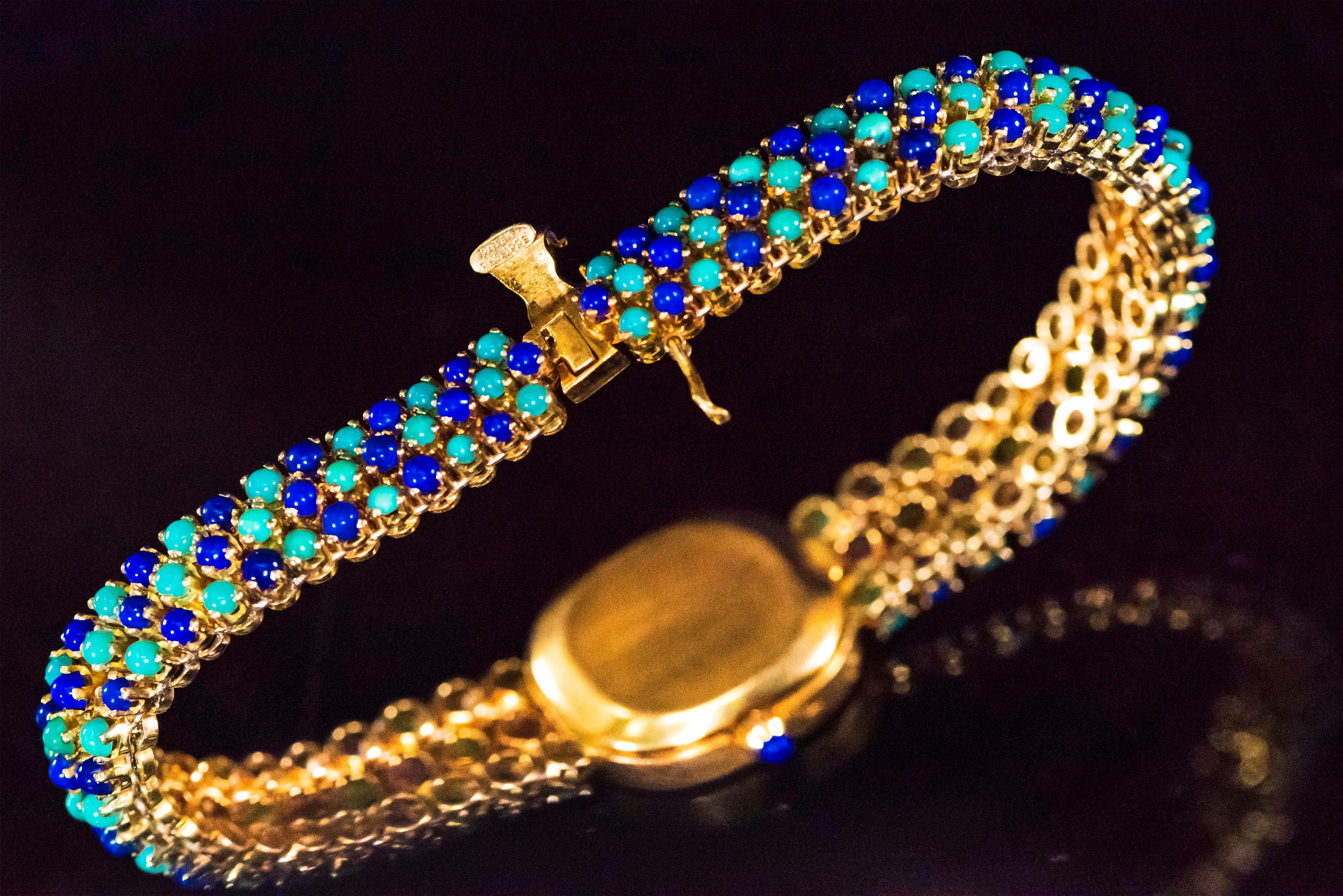1971 Piece Unique Patek Philippe Lapis Turquoise Diamond Bracelet Watch For Sale 4