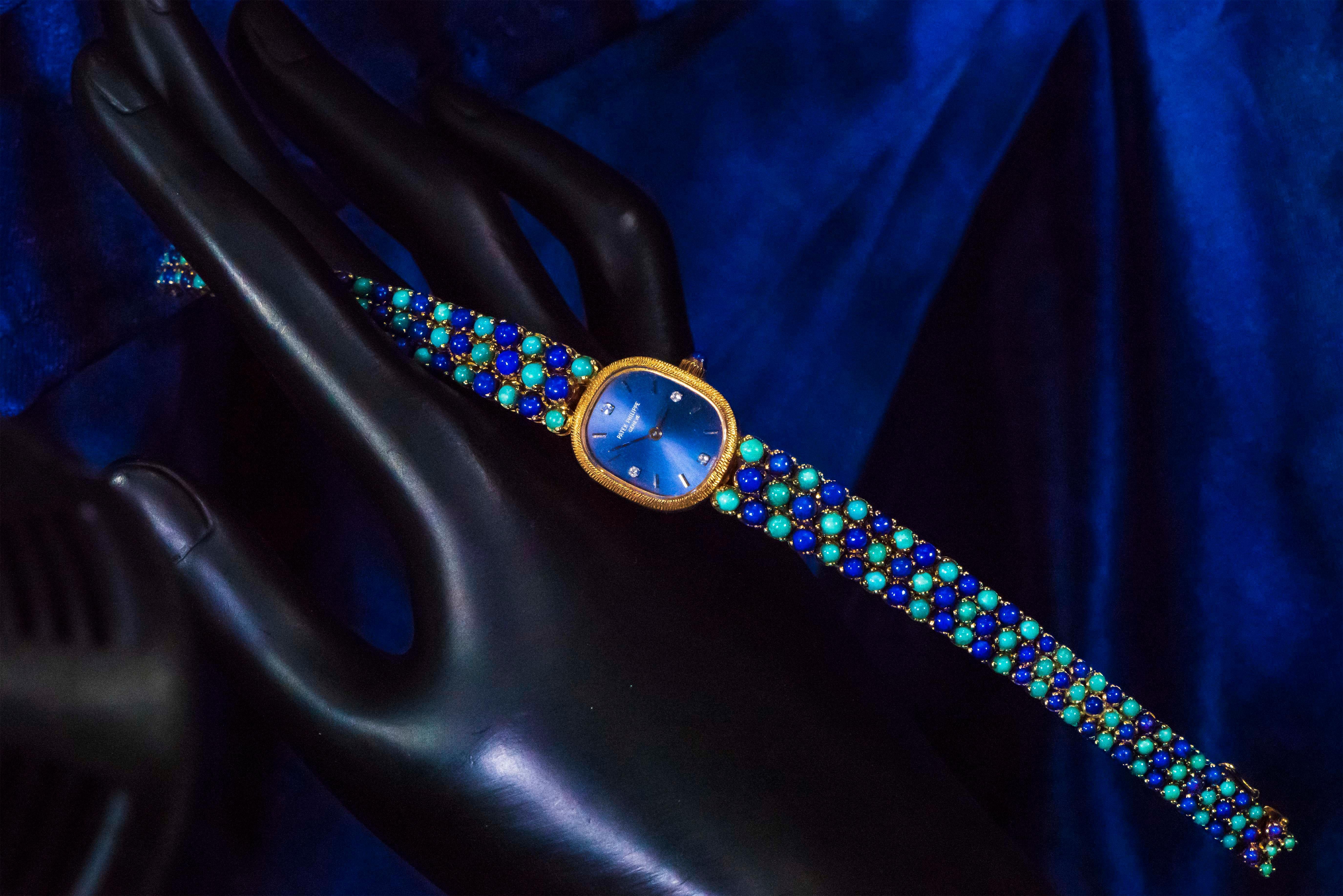 1971 Piece Unique Patek Philippe Lapis Turquoise Diamond Bracelet Watch For Sale 6