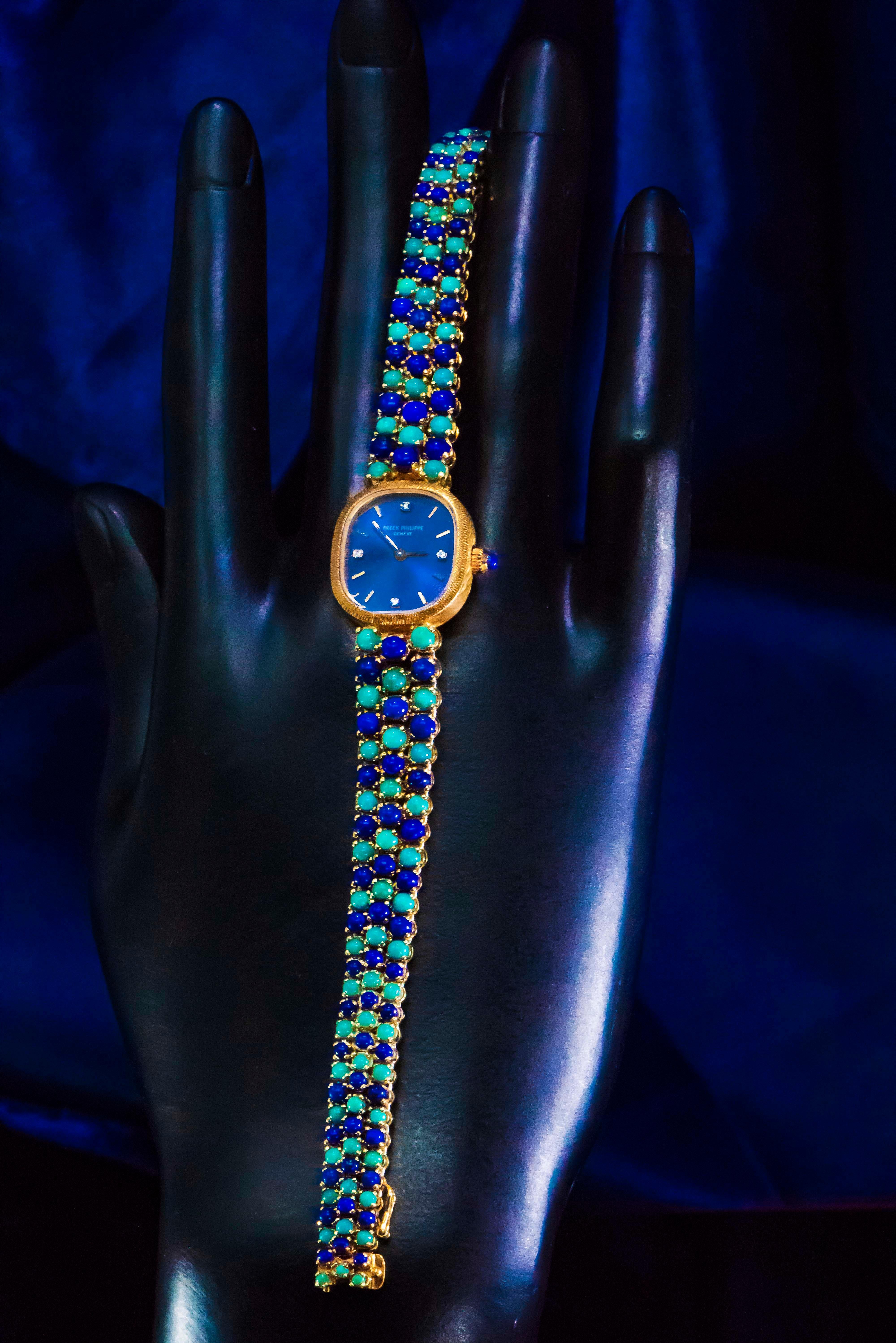 1971 Piece Unique Patek Philippe Lapis Turquoise Diamond Bracelet Watch For Sale 10