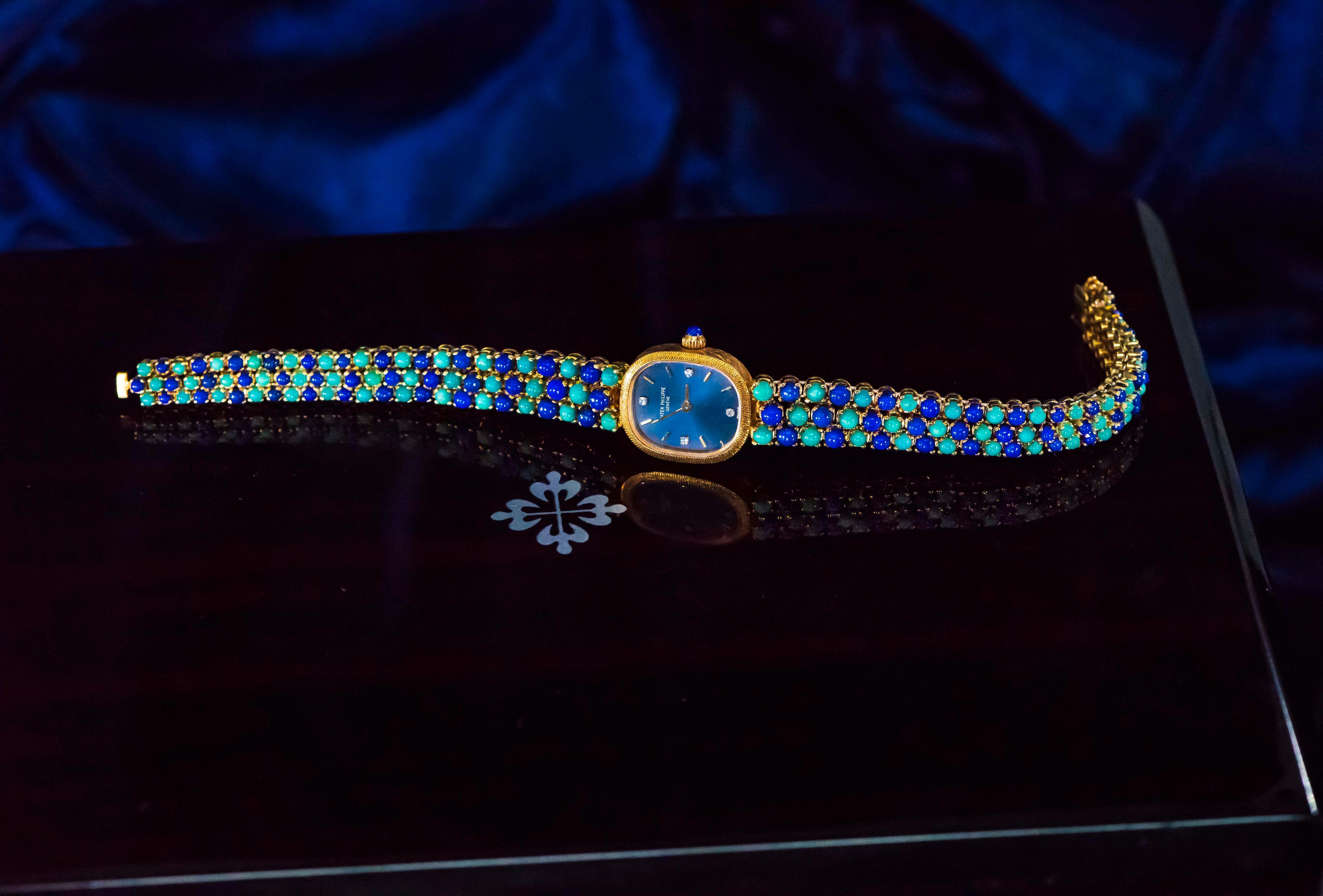 1971 Piece Unique Patek Philippe Lapis Turquoise Diamond Bracelet Watch For Sale 13