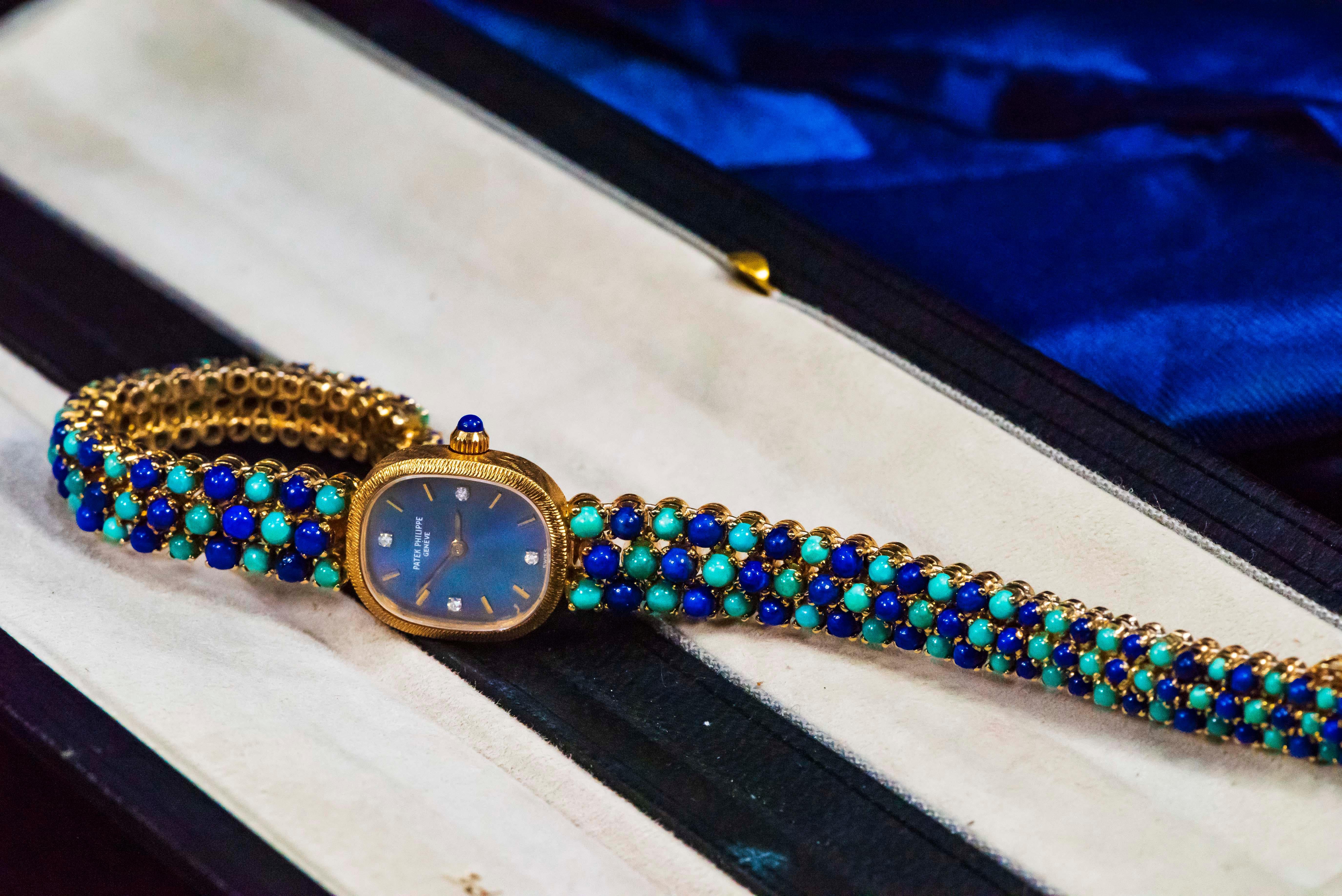 1971 Piece Unique Patek Philippe Lapis Turquoise Diamond Bracelet Watch For Sale 14