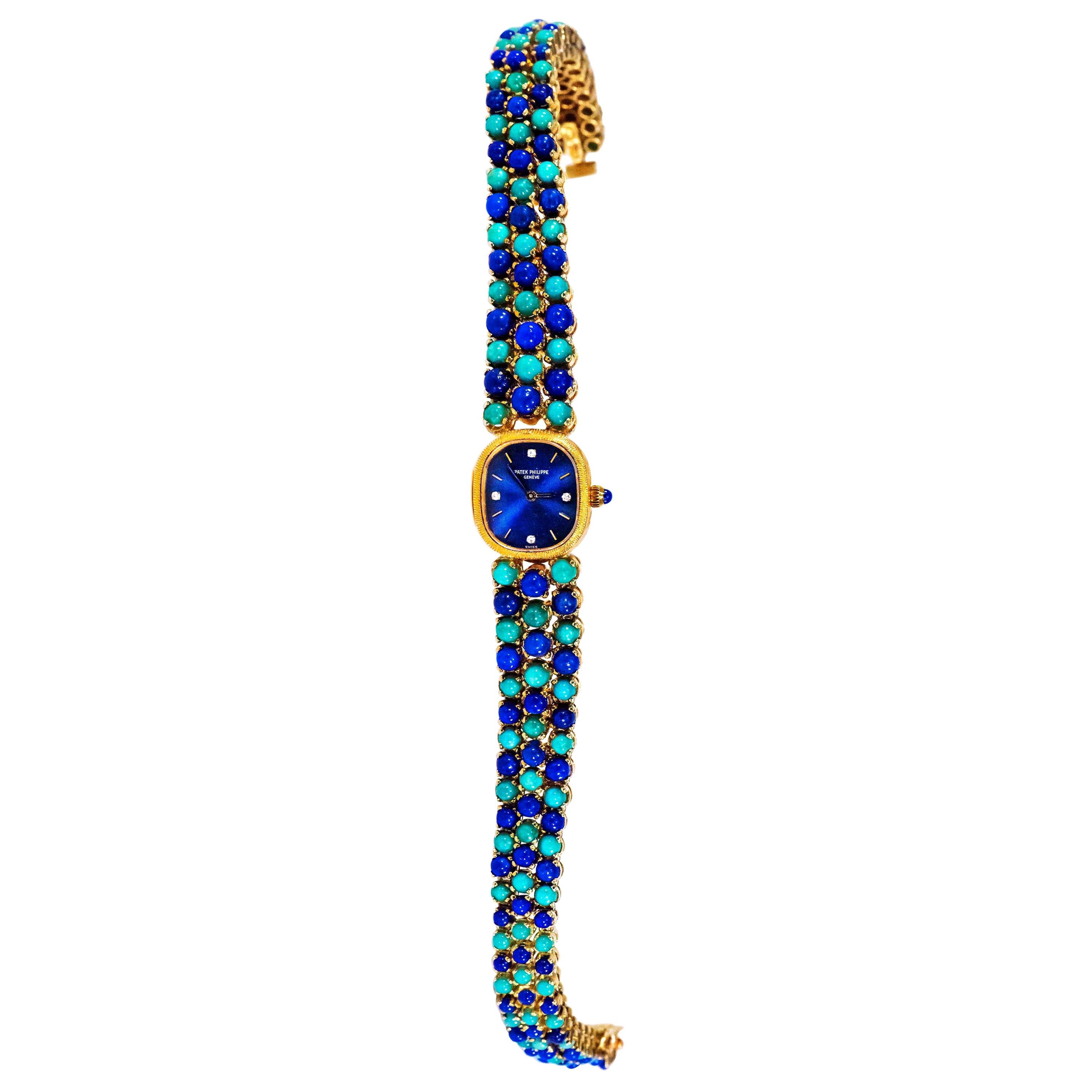 1971 Piece Unique Patek Philippe Lapis Turquoise Diamond Bracelet Watch For Sale