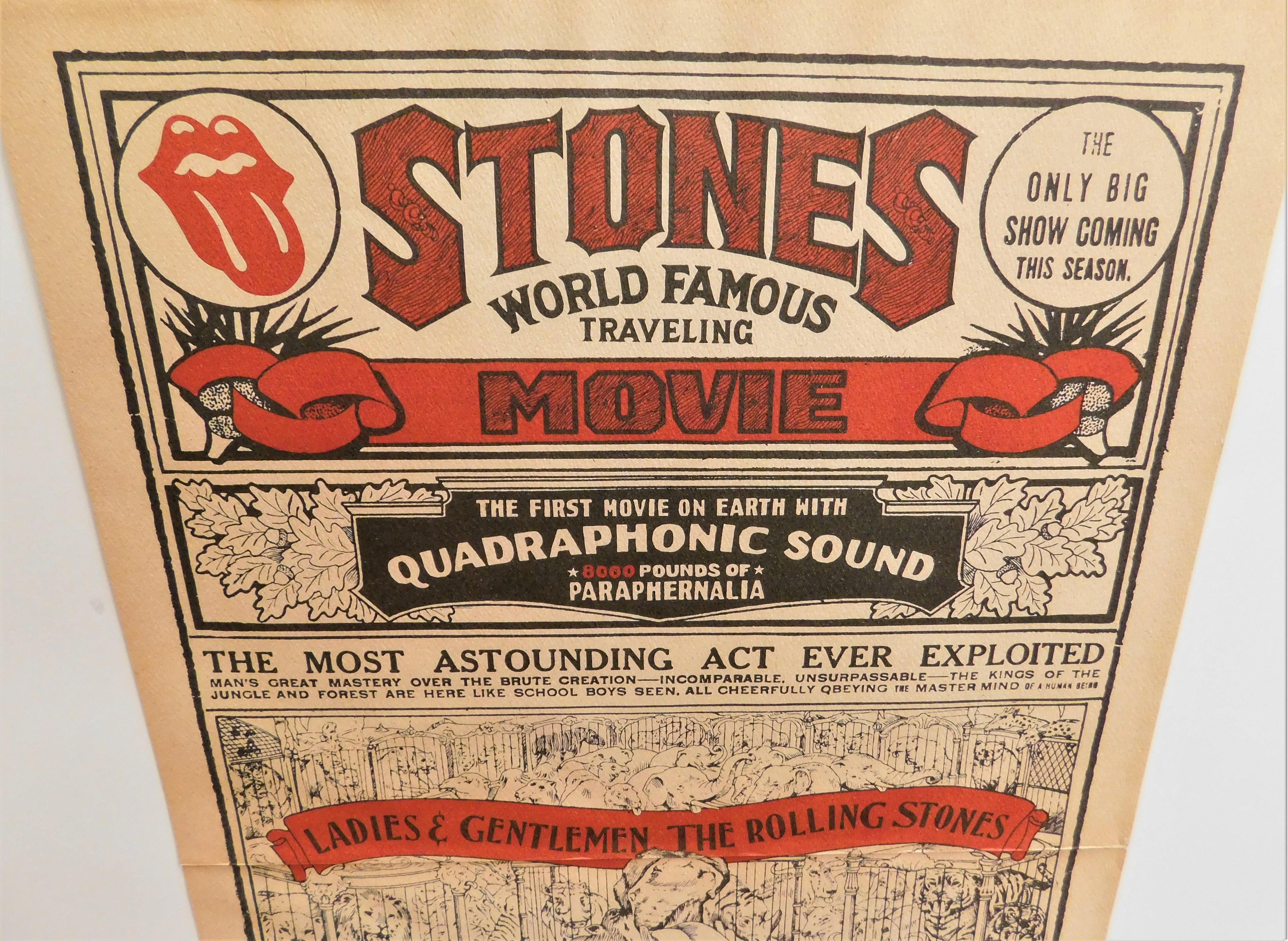 Original 1974 world famous travelling rolling stones rock concert movie poster Ziegfeld Theatre New York City NY.
Measures: 10 1/2 x 34. Beautiful original 1974 multi-color poster with wild crazy scenes of the Rolling stones band members. Great