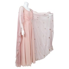 Rare 1974 Valentino Haute Couture Pale-Pink Beaded Crystal Silk Winged Cape Gown