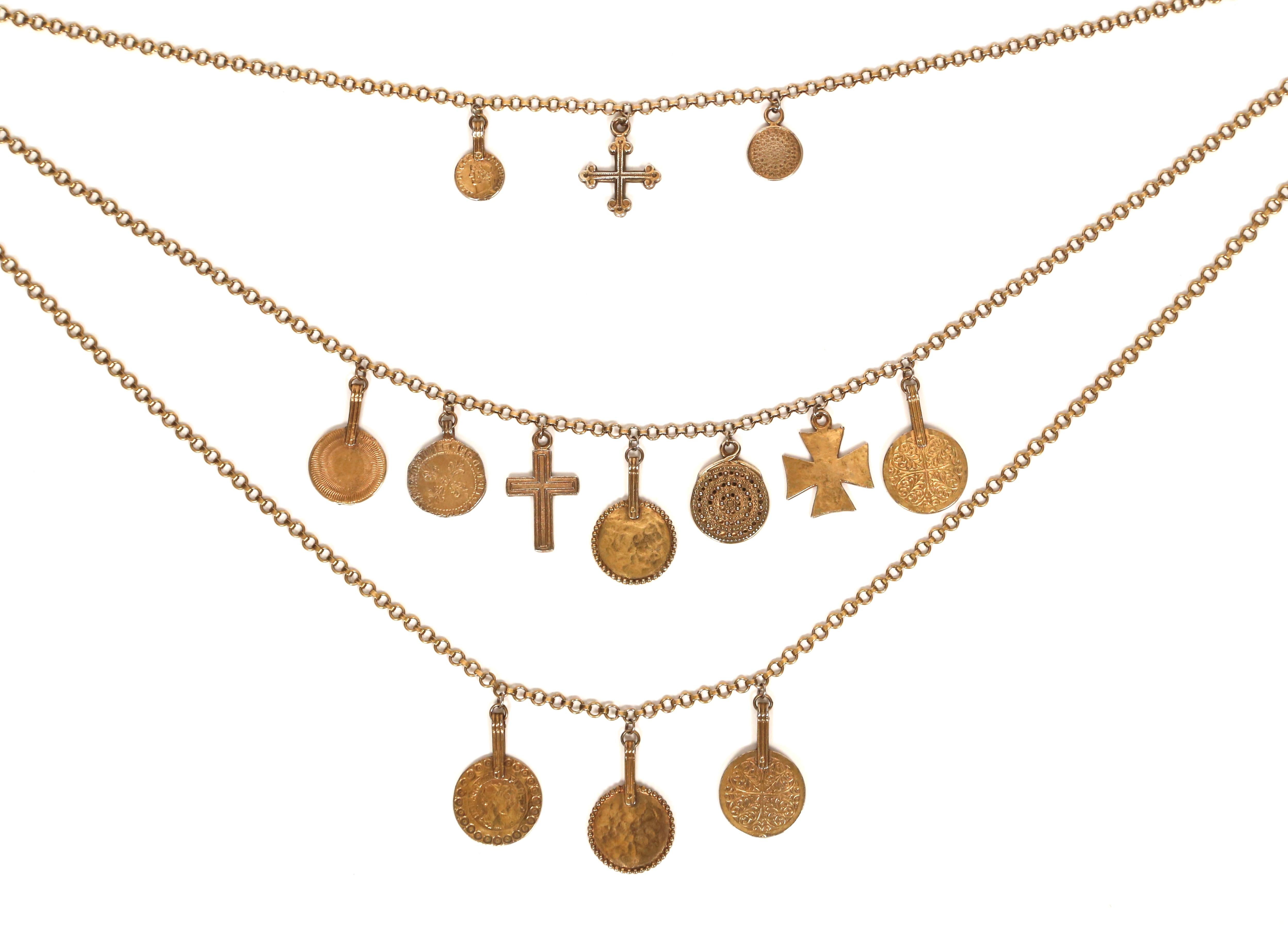 Women's rare 1977 YVES SAINT LAURENT gilt coins and crosses charm necklace For Sale