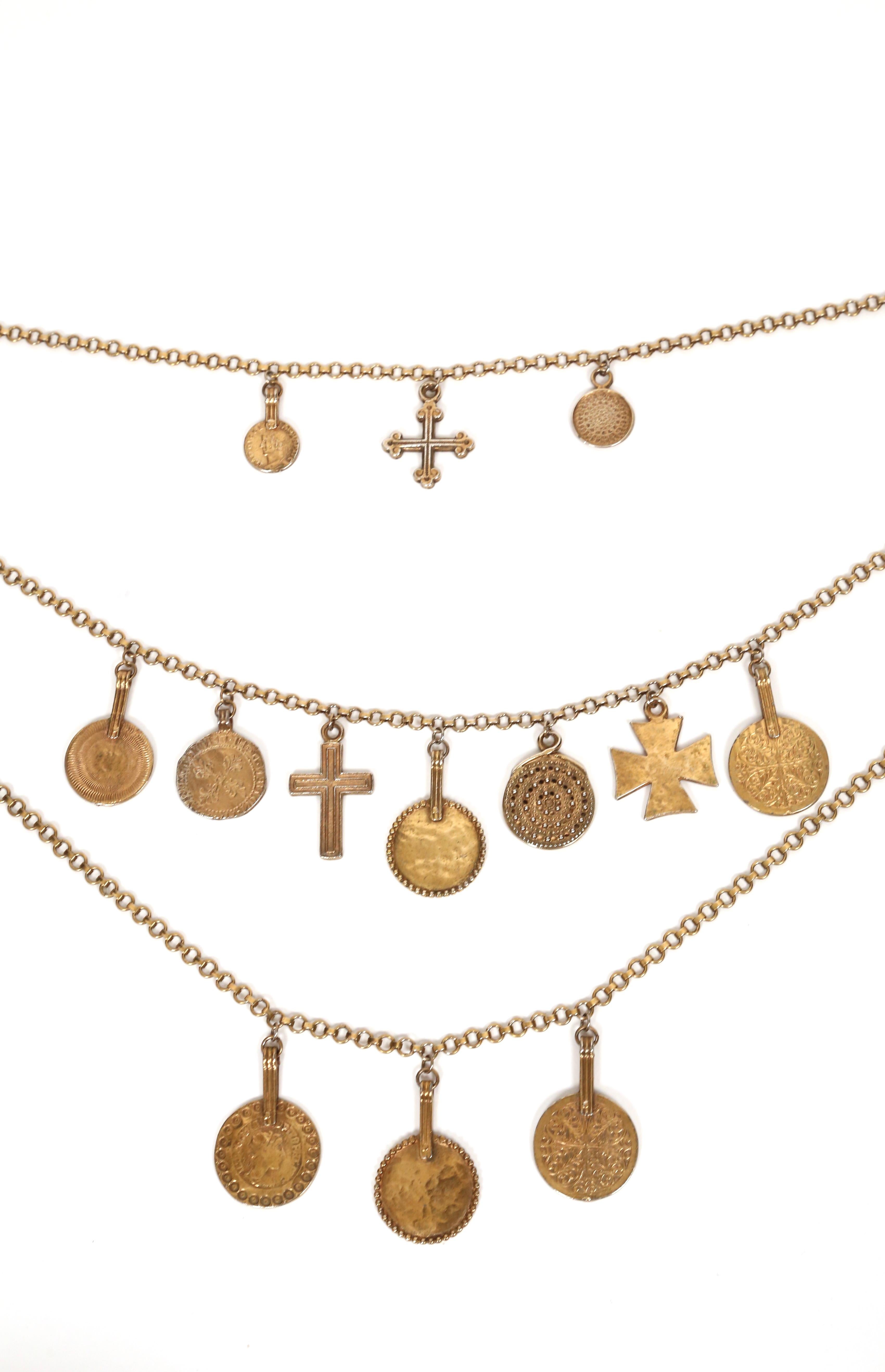 rare 1977 YVES SAINT LAURENT gilt coins and crosses charm necklace For Sale 1