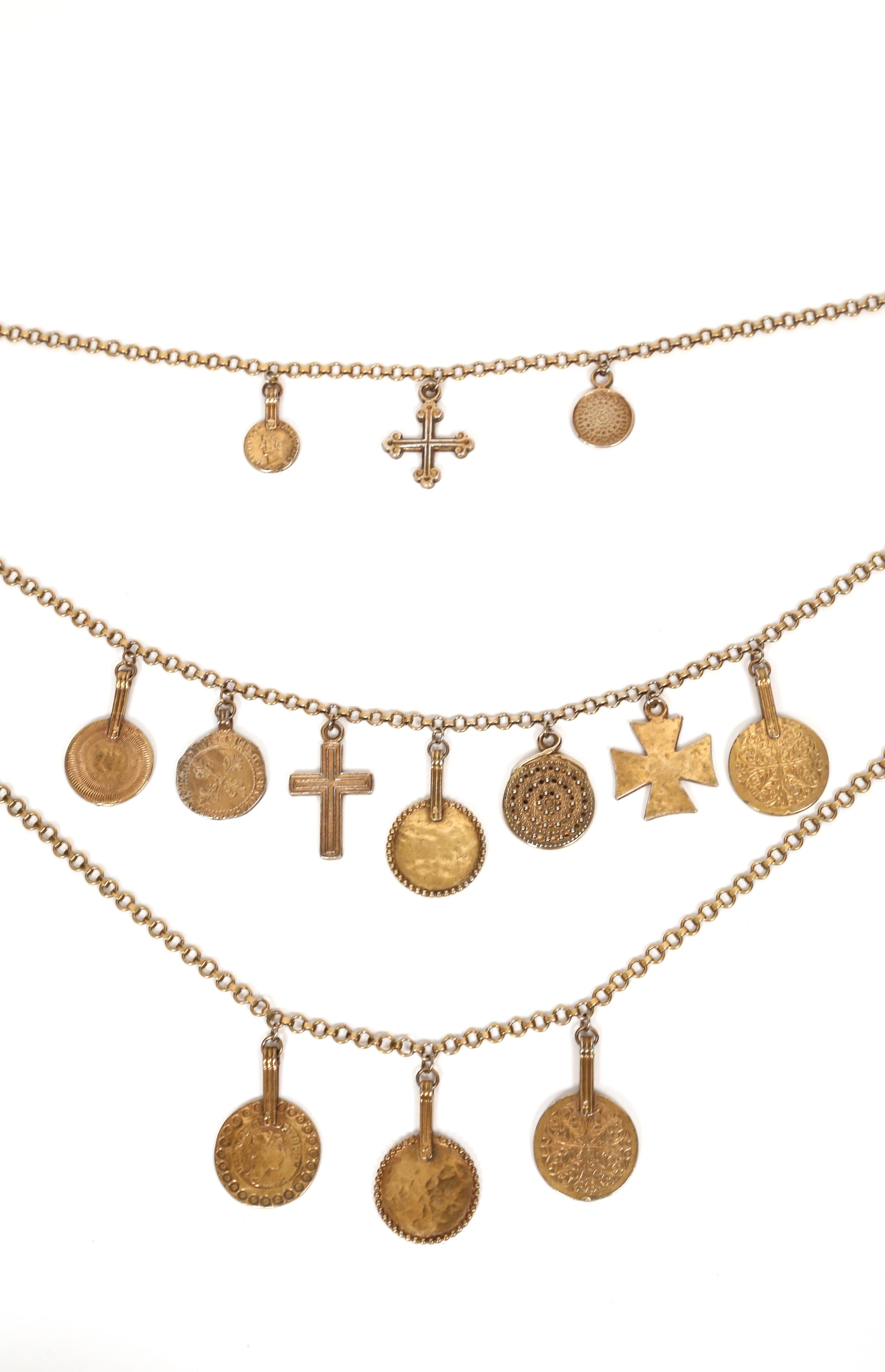 rare 1977 YVES SAINT LAURENT gilt coins and crosses charm RUNWAY necklace im Angebot 1