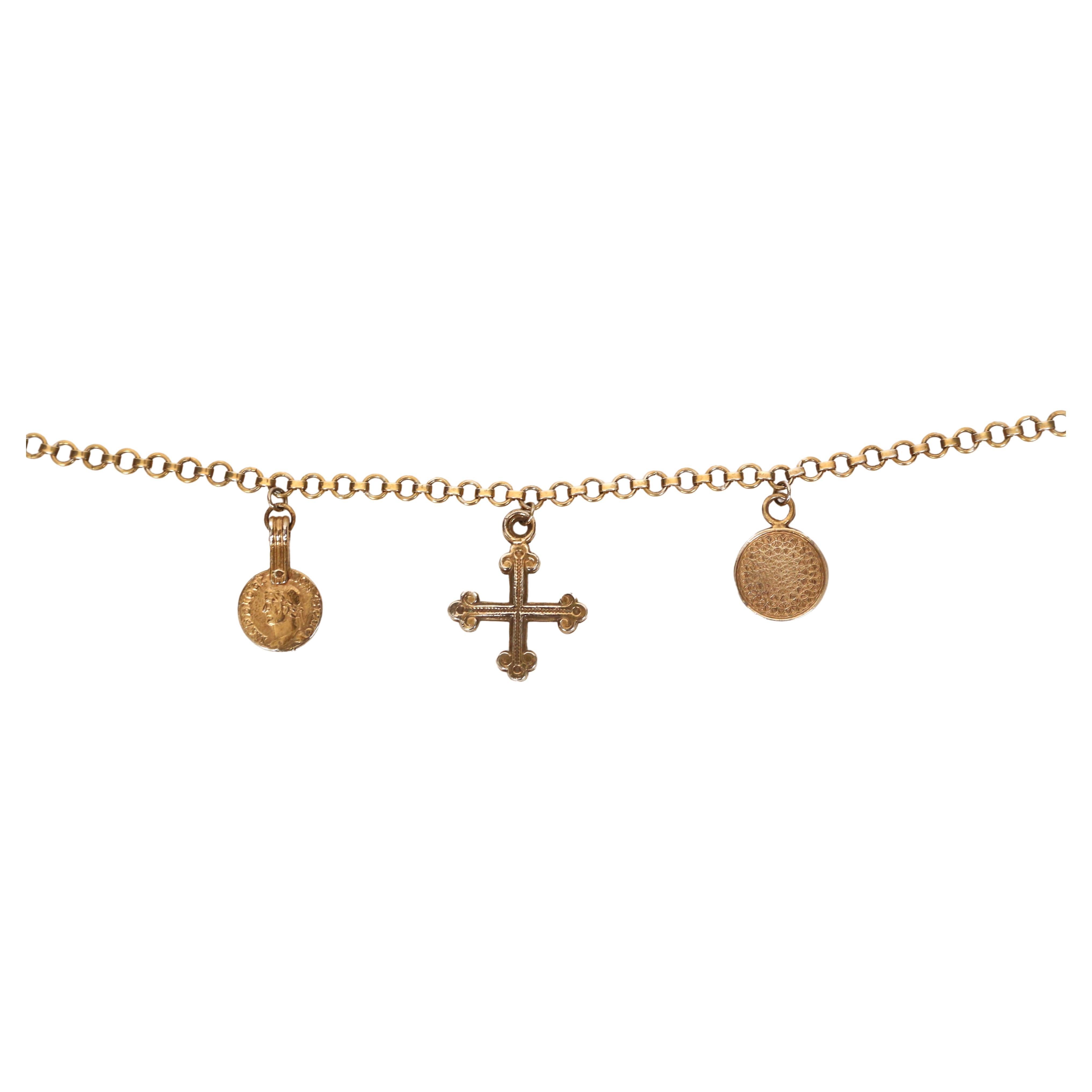 rare 1977 YVES SAINT LAURENT gilt coins and crosses charm RUNWAY necklace im Angebot 2
